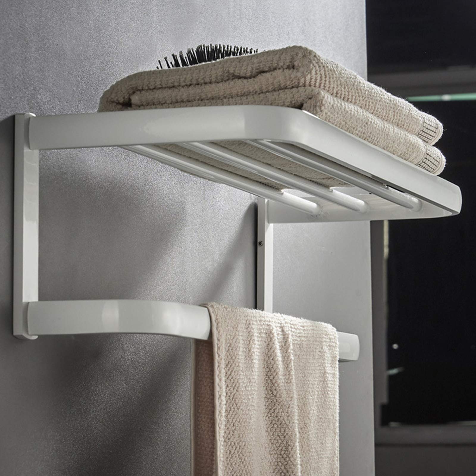 Modern Brass Towel Rack - Wall Mounted Bathroom Shelf with Towel Bar, White Baked Paint Finish for Hotel & Home Decor | Perfect for Showers, Spas and Luxury Bathrooms