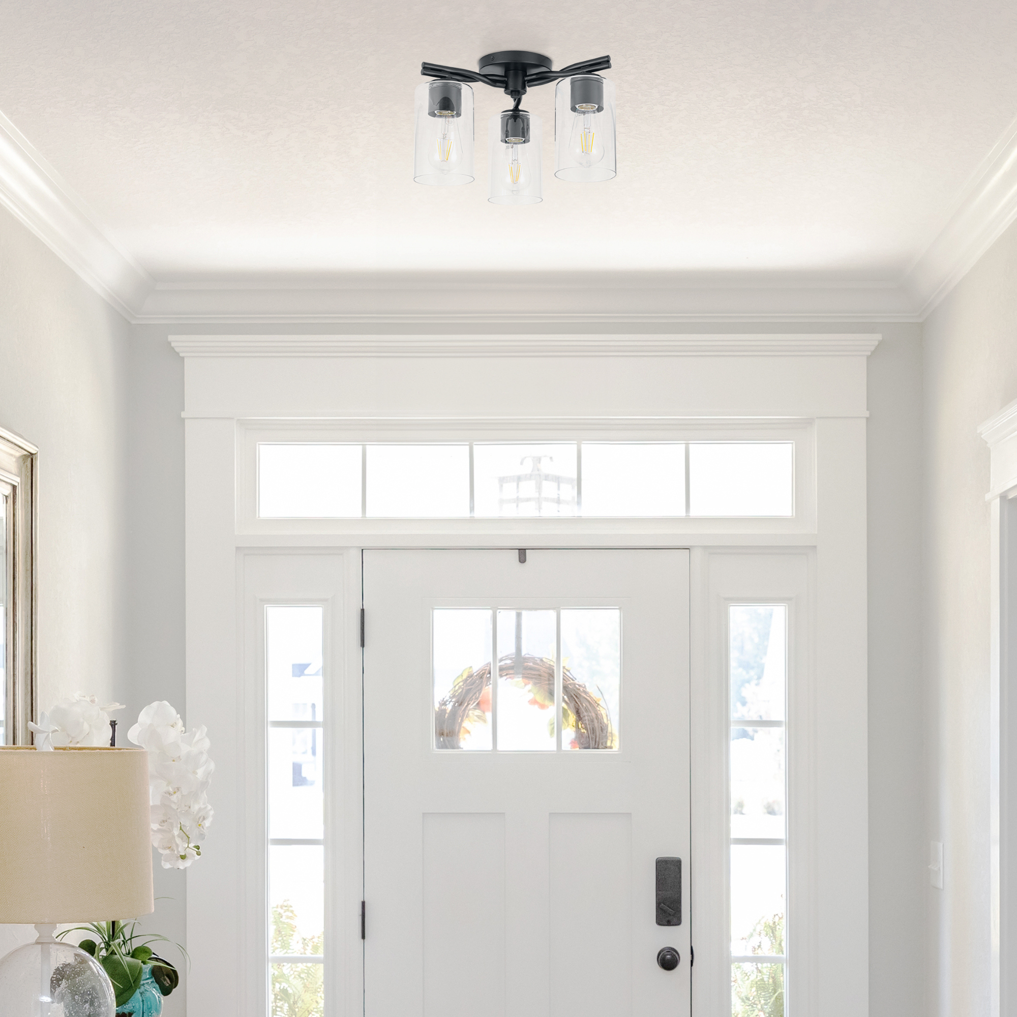 3-Light Semi Flush Mount Ceiling Light Fixture - Matte Black with Clear Glass Shades - Perfect for Bedroom, Living Room, Kitchen, and Hallway Lighting
