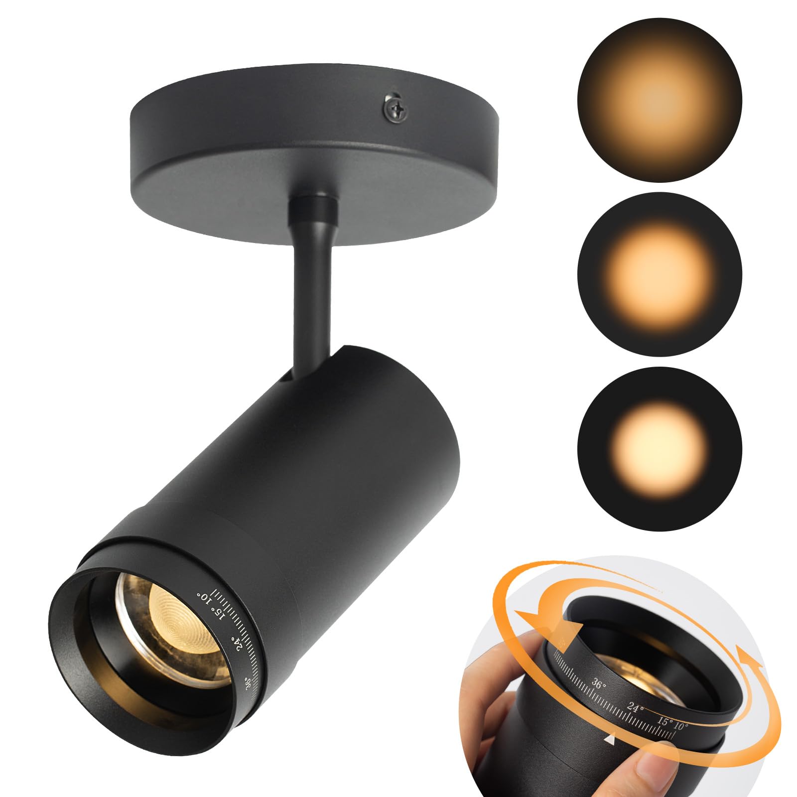 Aisilan 7W Dimmable LED Ceiling Spotlight - Adjustable Beam Angle 10-55°, Swivel Design, CRI 97, Matt Black Aluminum - Perfect for Accent Lighting in Living Rooms, Picture Murals & Art Displays