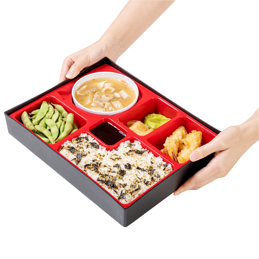 Premium Japanese Bento Box - Large 6-Compartment Black & Red Lunch Container with Bowl (12.25