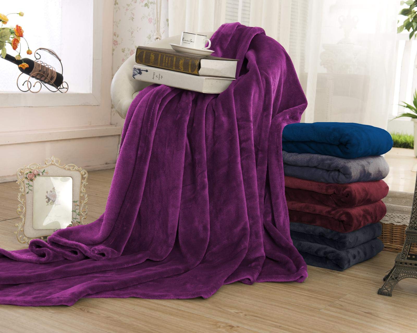 Premium Ultra Soft Flannel Fleece Bed Blanket - Reversible Microfiber Lightweight Warm Blanket for Queen Size (90x90cm) - Purple - Perfect for Winter Nights, Cozy Home Decor & Guest Room Essentials