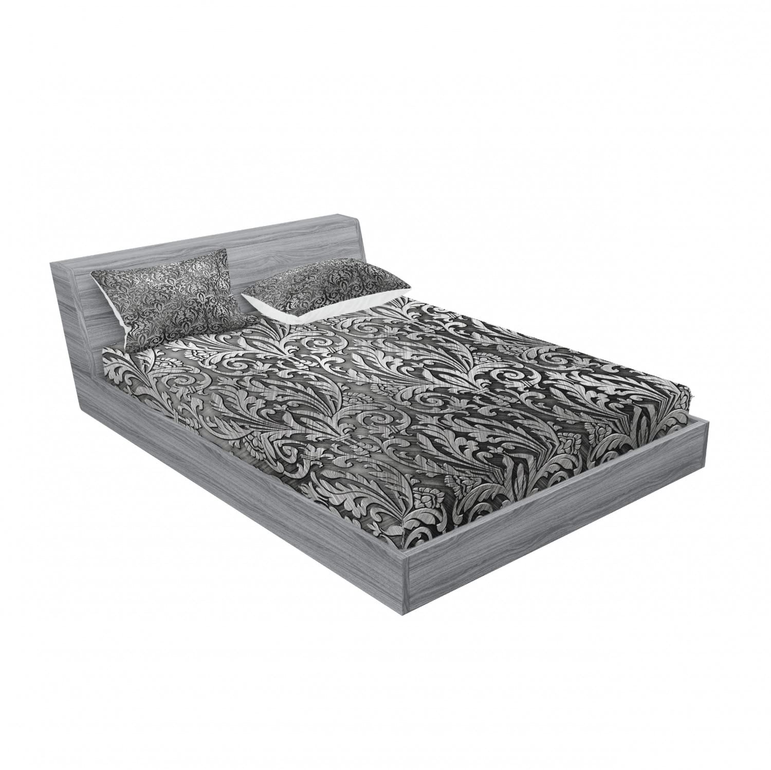 Ambesonne 2-Pack Queen Size Fitted Sheet Set with 4 Pillow Shams - Grey Black Classic Floral Pattern Bedding Collection - Perfect for Master Bedroom, Guest Room & Vacation Home Decor