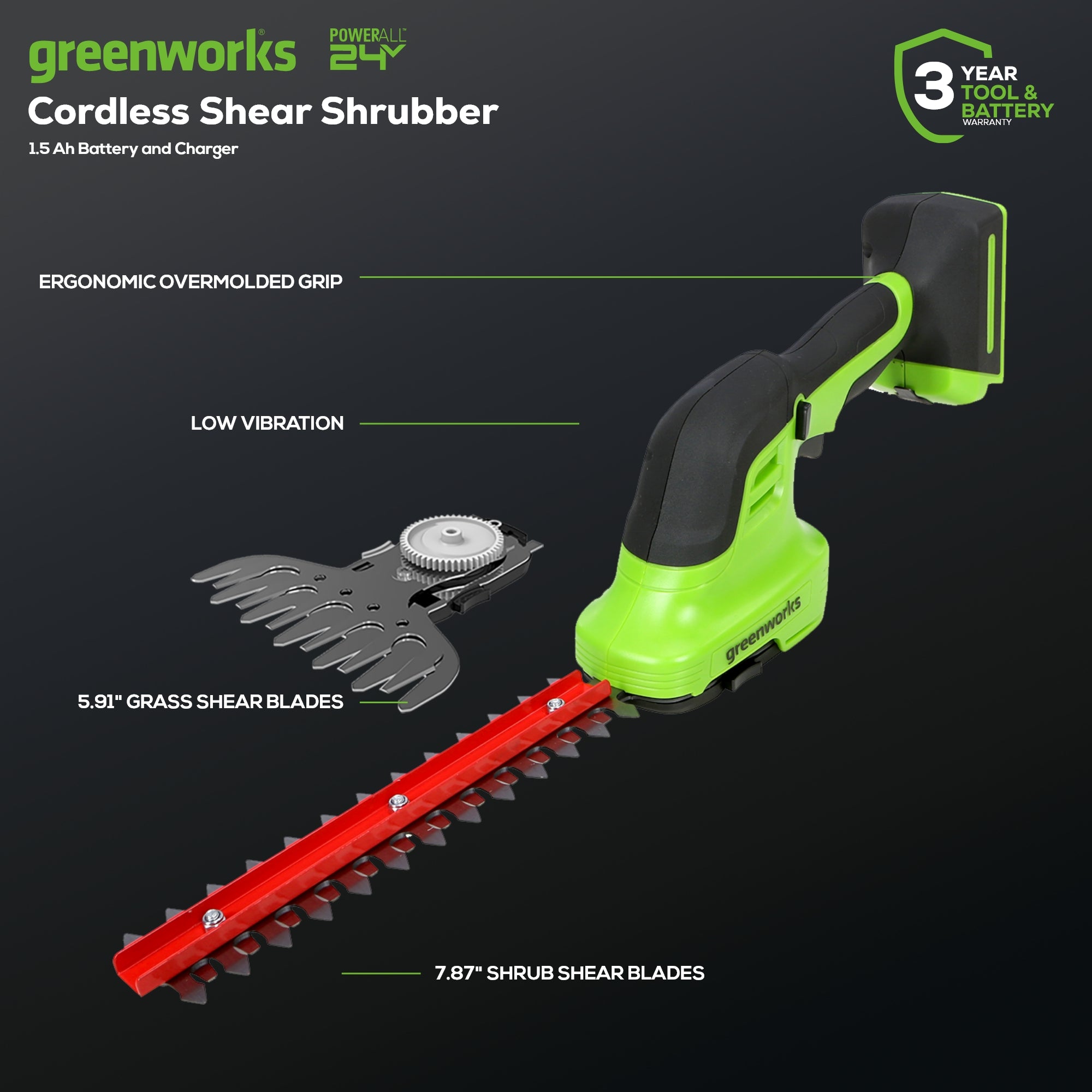 24V Cordless Shrub Trimmer with 1.5Ah Rechargeable Battery & Fast Charger - Perfect for Garden Landscaping, Yard Maintenance, and Hedge Trimming