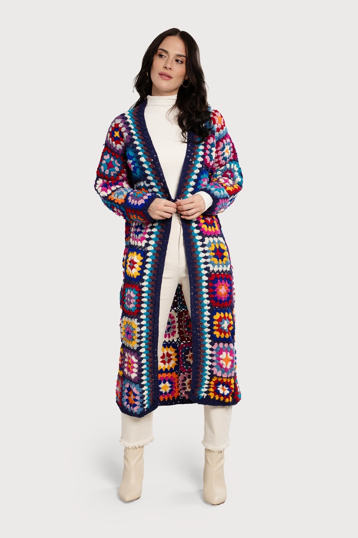 Cozy Wool Crochet Square Kimono Long Cardigan - Soft Handmade Knit Wrap for Women - Perfect for Fall, Winter & Boho Fashion