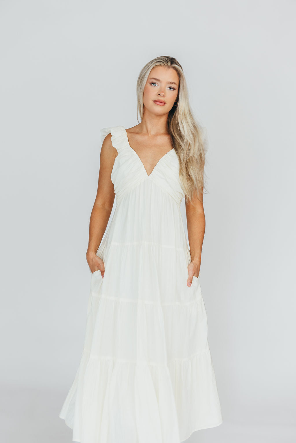 Katy Pleated Bodice Midi Dress in Cream | Bump Friendly Maternity Dress | Perfect for Baby Showers, Weddings & Special Occasions