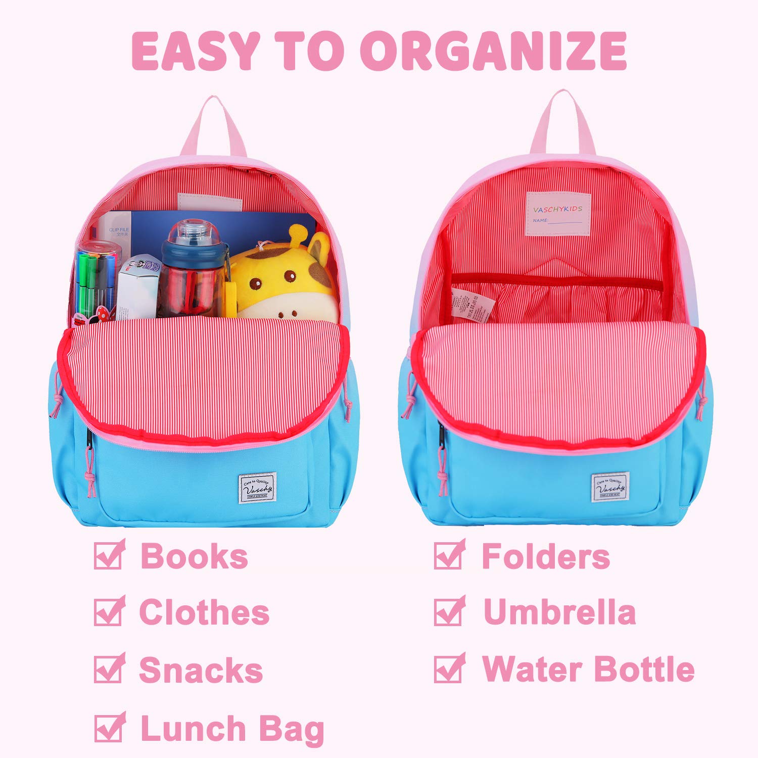 VASCHY Kids Backpack for Girls Ages 2-8 - Lightweight School Backpack with Adjustable Chest Strap for Kindergarten, Elementary, Travel & Outdoor Adventures | Perfect Gift for Toddlers & Little Girls