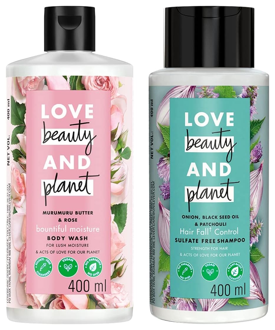 Love Beauty & Planet Sulfate-Free Hairfall Control Shampoo with Onion Oil, Blackseed Oil & Patchouli (400ml) & Moisturizing Body Wash for Dry Skin (400ml) - Hair Growth Solution & Hydrating Skin Care for Daily Use