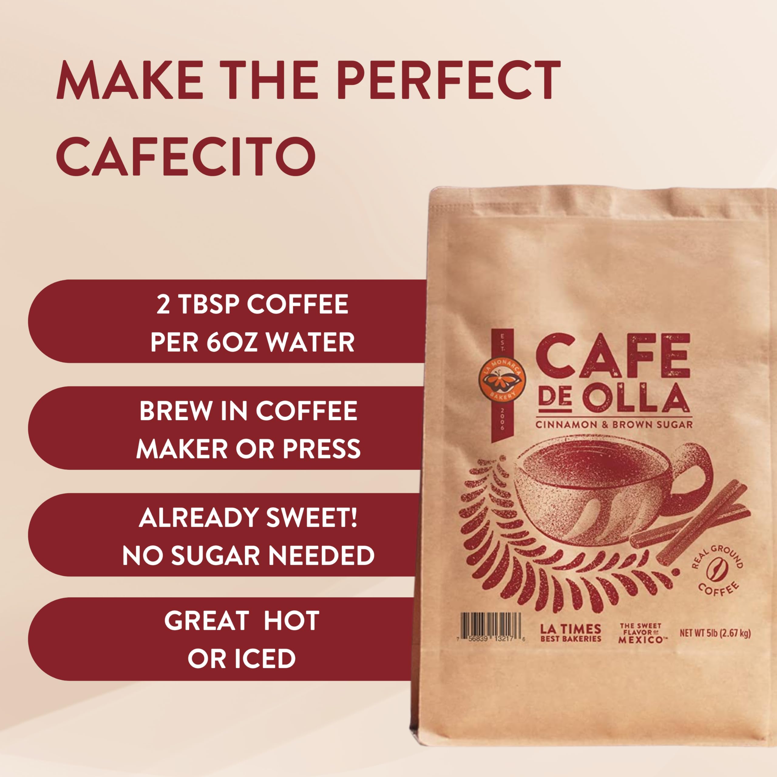 La Monarca Bakery Café De Olla Ground Coffee - 5lb Mexican Dark Roast with Cinnamon & Brown Sugar | Perfect for Home Brewing, Gifts & Authentic Mexican Coffee Experience