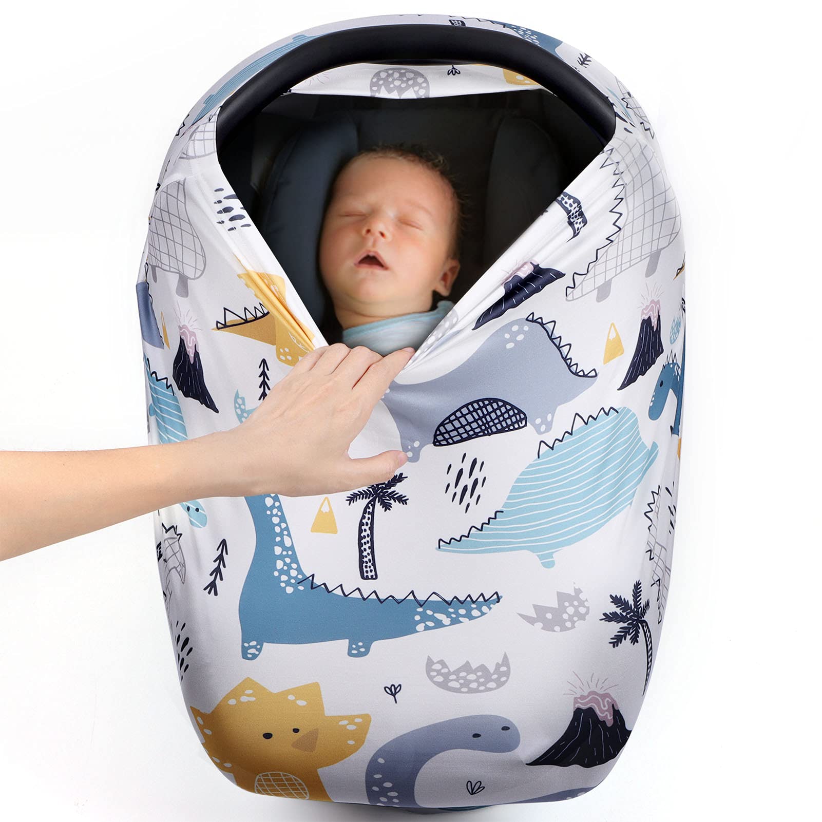 YIVEKO Stretchy Baby Car Seat Cover for Boys & Girls - Universal Nursing Cover for Breastfeeding, Shopping Cart, High Chair & Stroller - Dinosaur Print Baby Car Seat Canopy - Perfect for Travel, Shopping & Outdoor Activities