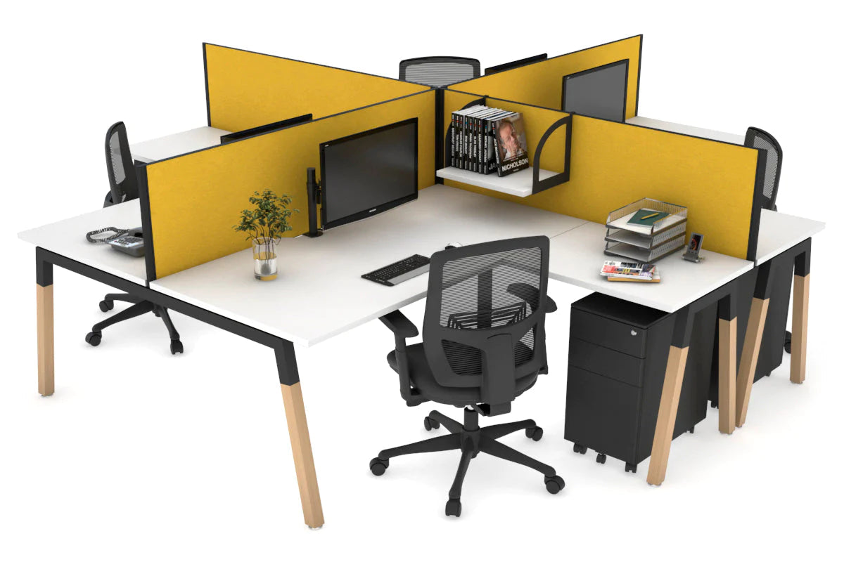 Quadro Wood A Legs Cross Beam 4-Person Corner Workstation Desk - 1600L x 1800W with Cable Management Scallop - Perfect for Office, Home Workspace & Collaborative Environments
