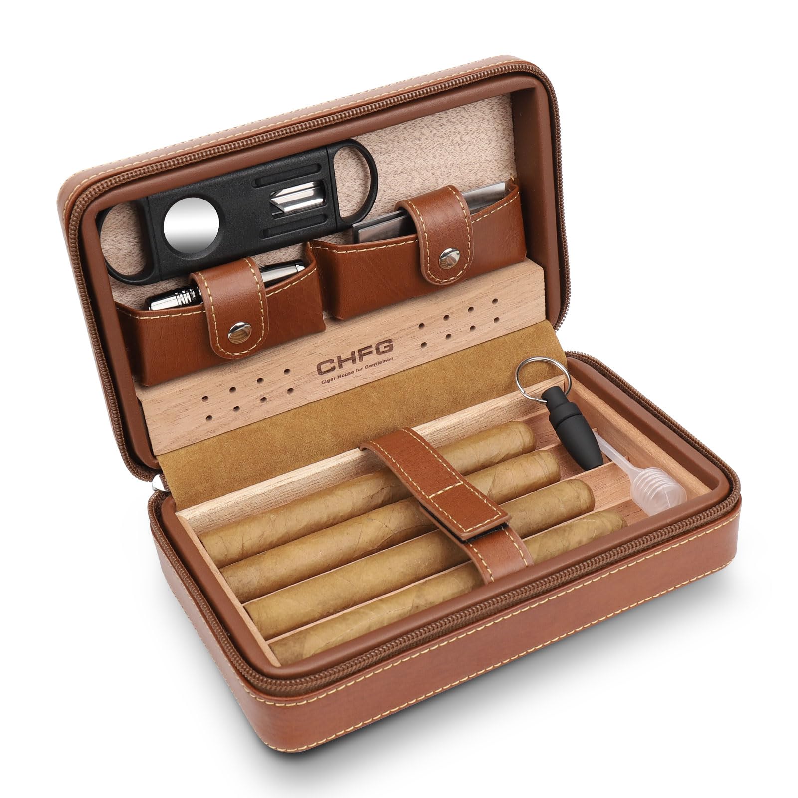 Premium Leather Cigar Case with Cedar Wood Lining - Travel Humidor for 4 Cigars, Includes Cigar Lighter Accessories Set - Perfect Gift for Men (Brown) | Portable Cigar Storage for Travel, Business & Outdoor Smoking