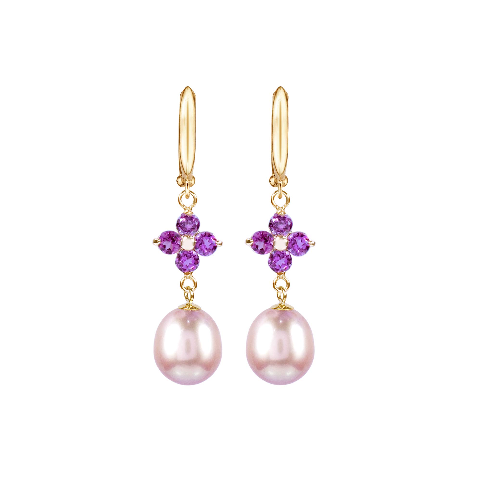 14K Yellow Gold Pink Freshwater Pearl & Pink Tourmaline Drop Hoop Earrings for Women - Elegant Fine Jewelry Gift for Mother, Girlfriend, Wedding, Anniversary & Birthday - Perfect for Special Occasions & Everyday Wear