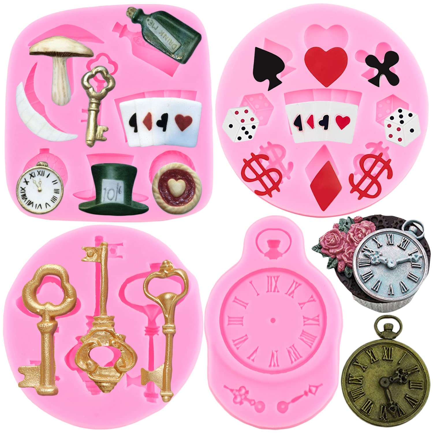Alice in Wonderland Poker Theme Fondant Molds Set - 4PC Silicone Cake Decorating Kit (Hat, Key, Clock, Cards) for Cupcake Toppers, Chocolate, Gum Paste & Polymer Clay - Perfect for Tea Party, Birthday & Cosplay Events