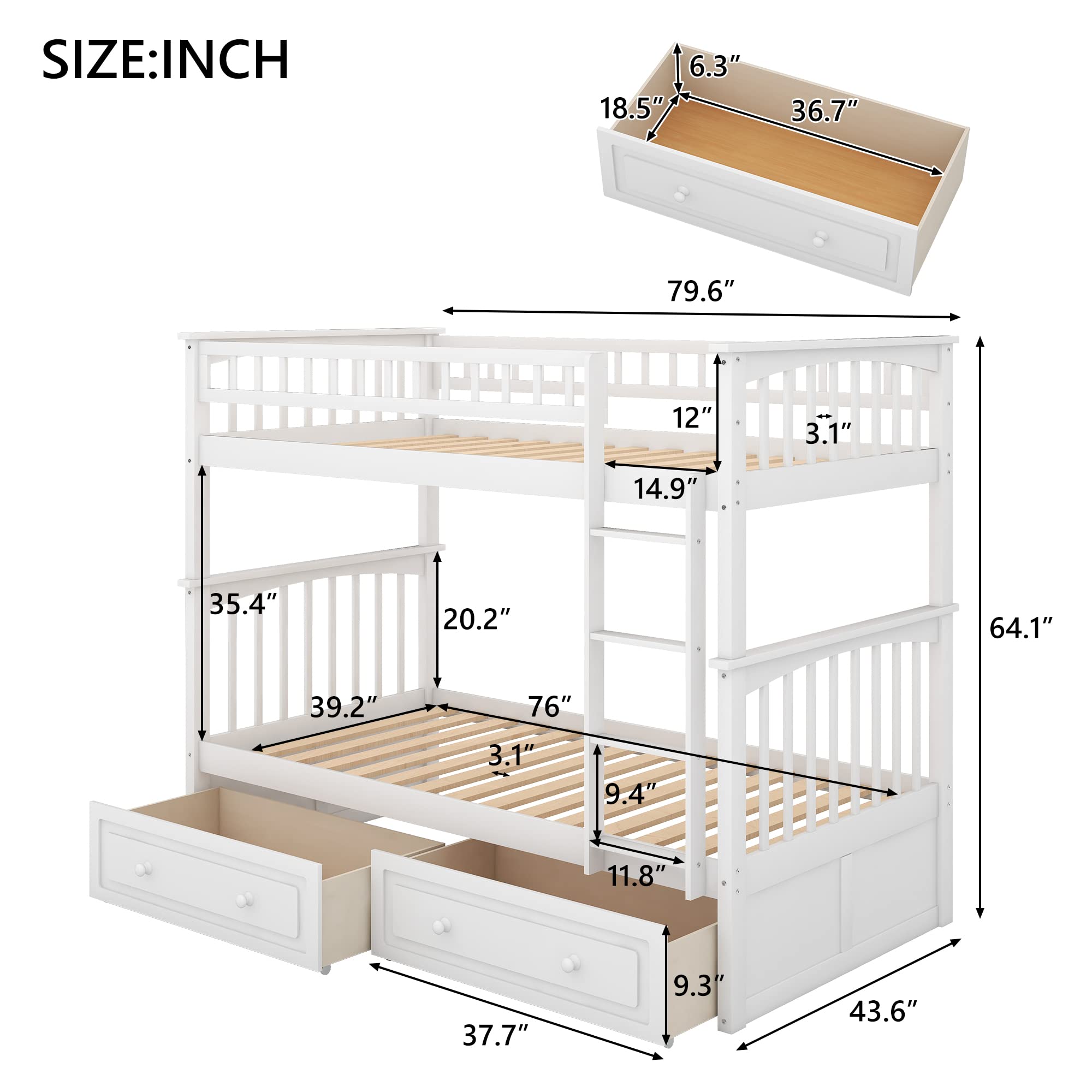 Harper & Bright Designs Twin Over Twin Bunk Bed with Storage Drawers - Solid Wood Bunk Bed Frame in White - Perfect for Kids' Bedroom, Dorm Room & Space-Saving Solutions