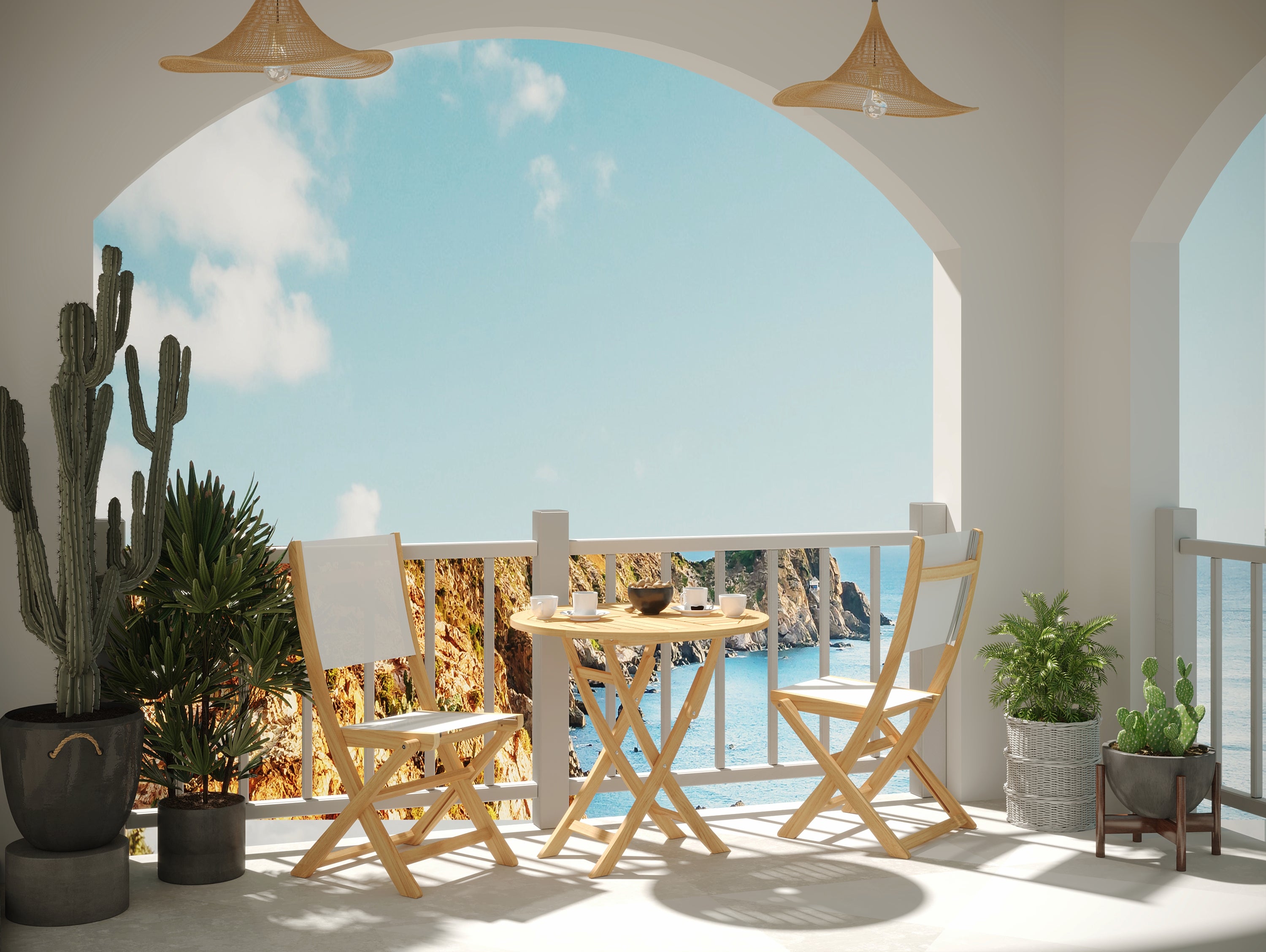 Premium White Teak Outdoor Bistro Set - 3-Piece Round Folding Table & Chairs for Patio, Garden, or Balcony Dining | Weather-Resistant & Space-Saving Design