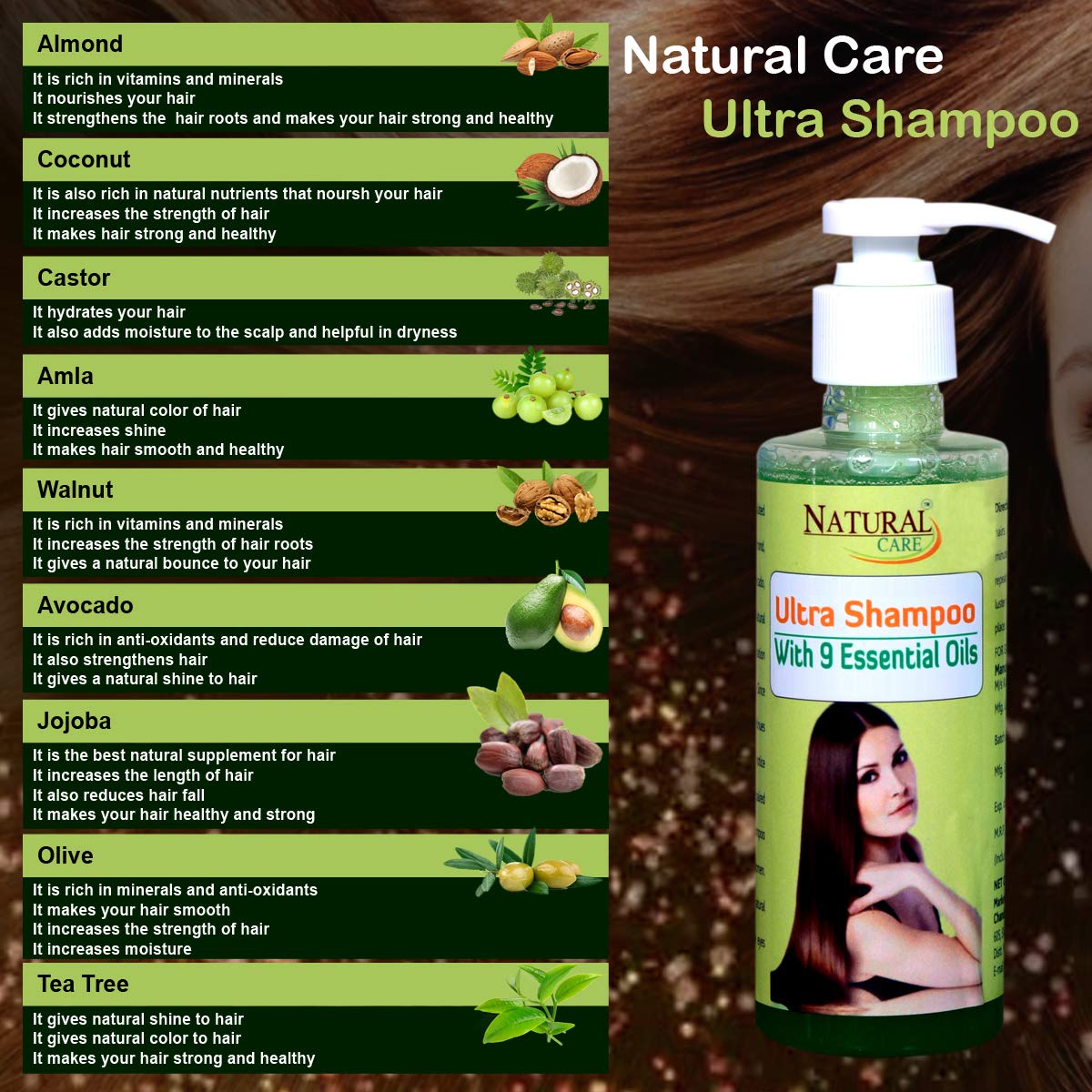 Natural Care Ultra Shampoo with 9 Essential Oils (Almond, Coconut, Castor, Amla, Walnut, Avocado, Jojoba, Olive & Tea Tree) - 100ml for Dry, Damaged Hair & Scalp Care - Perfect for Daily Use & Hair Repair