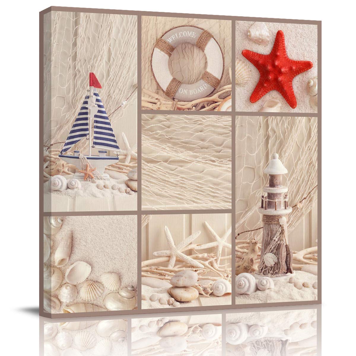 Nautical Sailing Lighthouse Wall Art Canvas Print - Summer Beach Decor with Starfish & Shells, Stretched Framed Oil Painting for Living Room, Kitchen, Bathroom (24x24 Inch) - Perfect for Coastal, Beach House & Seaside Themed Interiors