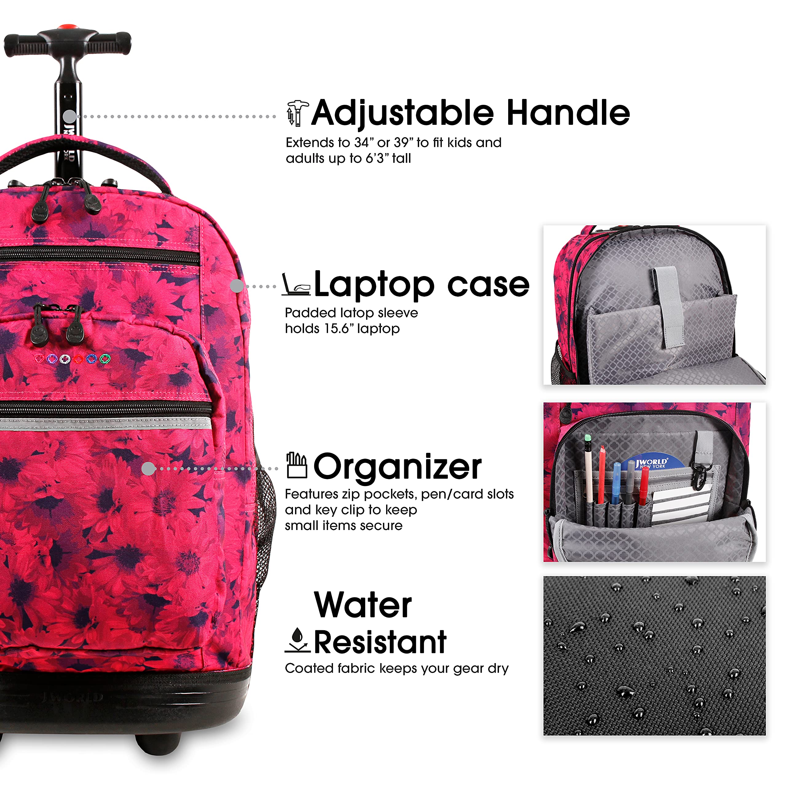 J World New York Sundance 20 Inch Rolling Backpack for Kids - Durable Wheeled Bookbag for School & Travel, Bellis Design - Perfect for Students, Commuters & Airplane Carry-On