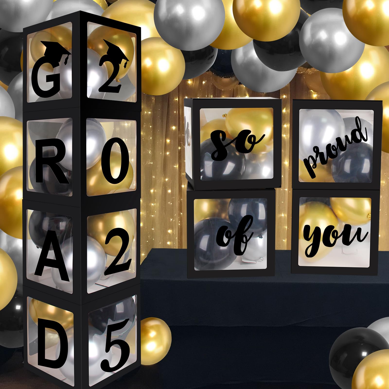 **AOKE Graduation Party Decorations 2025 – 4Pcs Graduation Balloon Boxes with Gold Balloons & Black 