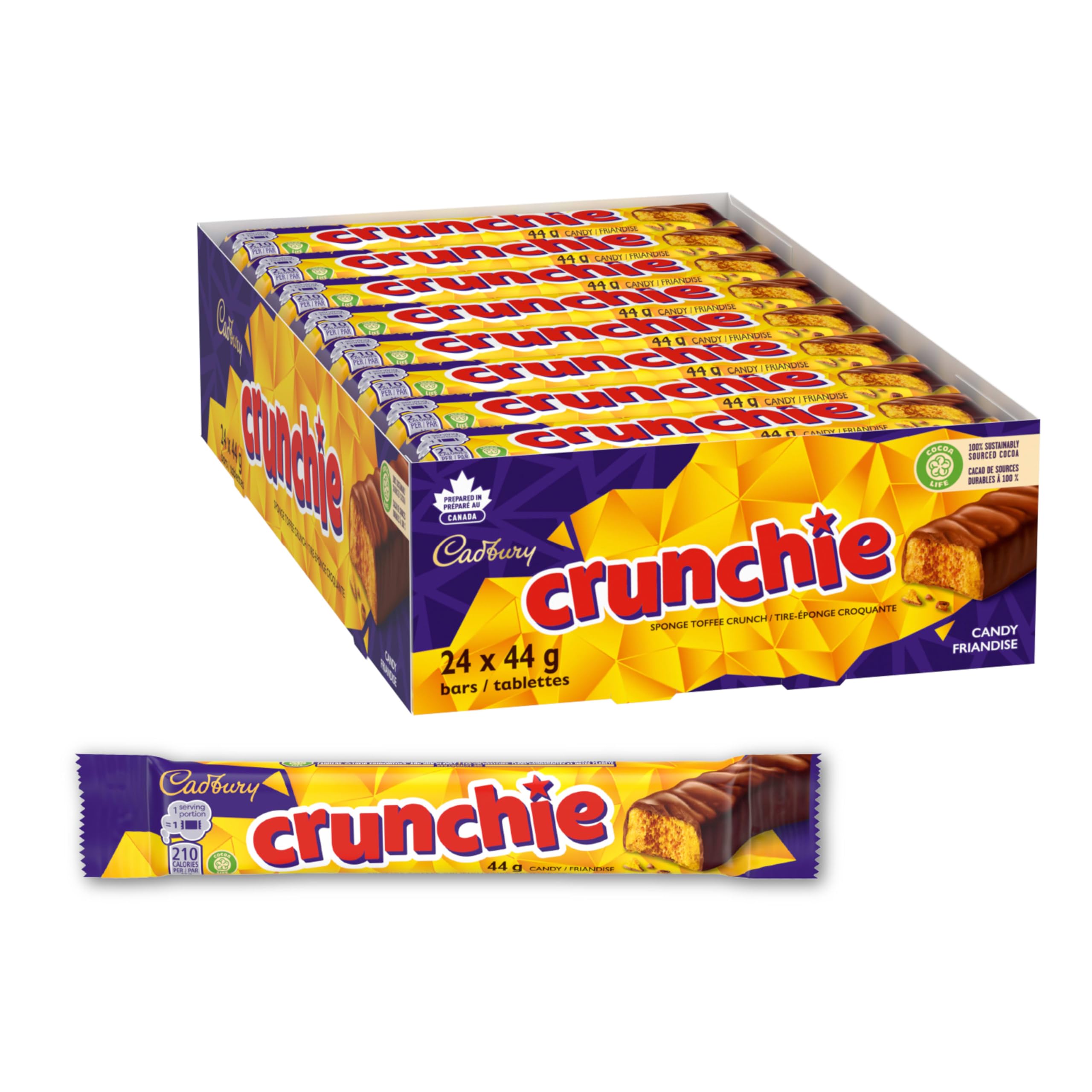 Cadbury Crunchie Full Size Chocolate Candy Bars - 44g Each, Pack of 24 - Individually Wrapped Halloween Treats for Parties, Trick-or-Treating & Gift Baskets | Delicious Honeycomb Toffee Chocolate Snacks