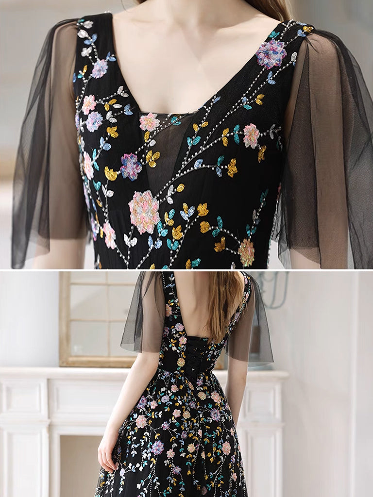 Elegant A-Line V-Neck Tulle Lace Black Long Prom Dress | Formal Evening Gown for Women | Perfect for Homecoming, Wedding Guest & Special Occasions