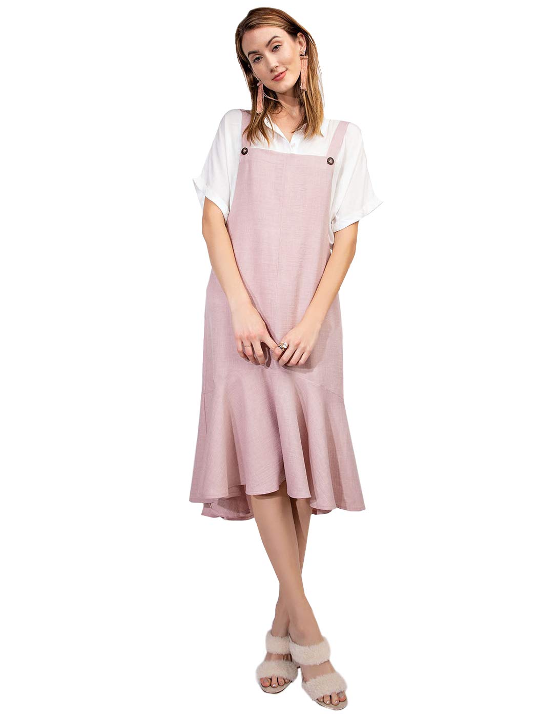 Anna-Kaci Women's Button Strap Jumper Pinafore Dress with Peplum Hem - Stylish Midi Length Denim Overalls for Casual Outings & Date Nights