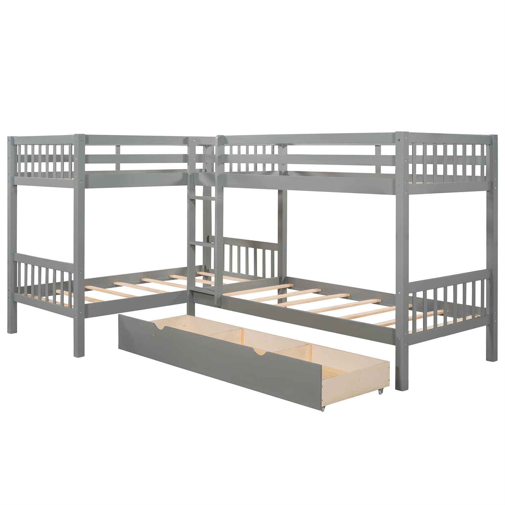 L-Shaped Bunk Bed with Storage Drawers - Twin Over Twin Quad Bunk Bed for Kids, Teens, Boys & Girls - Sturdy Wooden Frame in Gray - Perfect for Small Bedrooms, Shared Kids Rooms & Vacation Homes