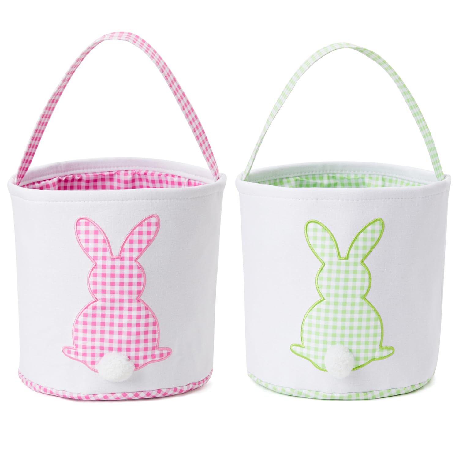 Easter Basket with Handle - Bunny Print Canvas Plaid Easter Bucket for Egg Hunt, Easter Baskets Bags with Fluffy Tail (Pink Plaid + Green Plaid) - Perfect for Easter Egg Hunts, Spring Decor & Kids Gift Giving