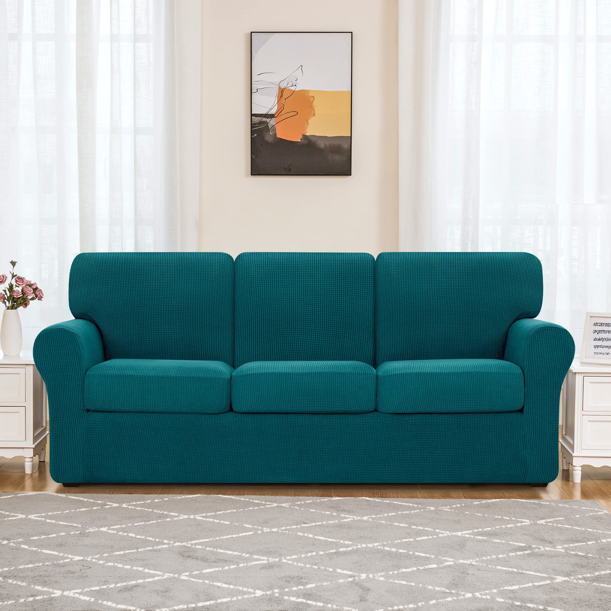 SUBRTEX 5-Piece Loveseat Cover & 7-Piece Sofa Cover Set - Stretchable Couch Slipcovers with Separate Backrest & Cushion Covers - Turquoise Living Room Furniture Protector (Medium & Large Size) - Perfect for Home Decor, Pet Protection & Furniture Refresh
