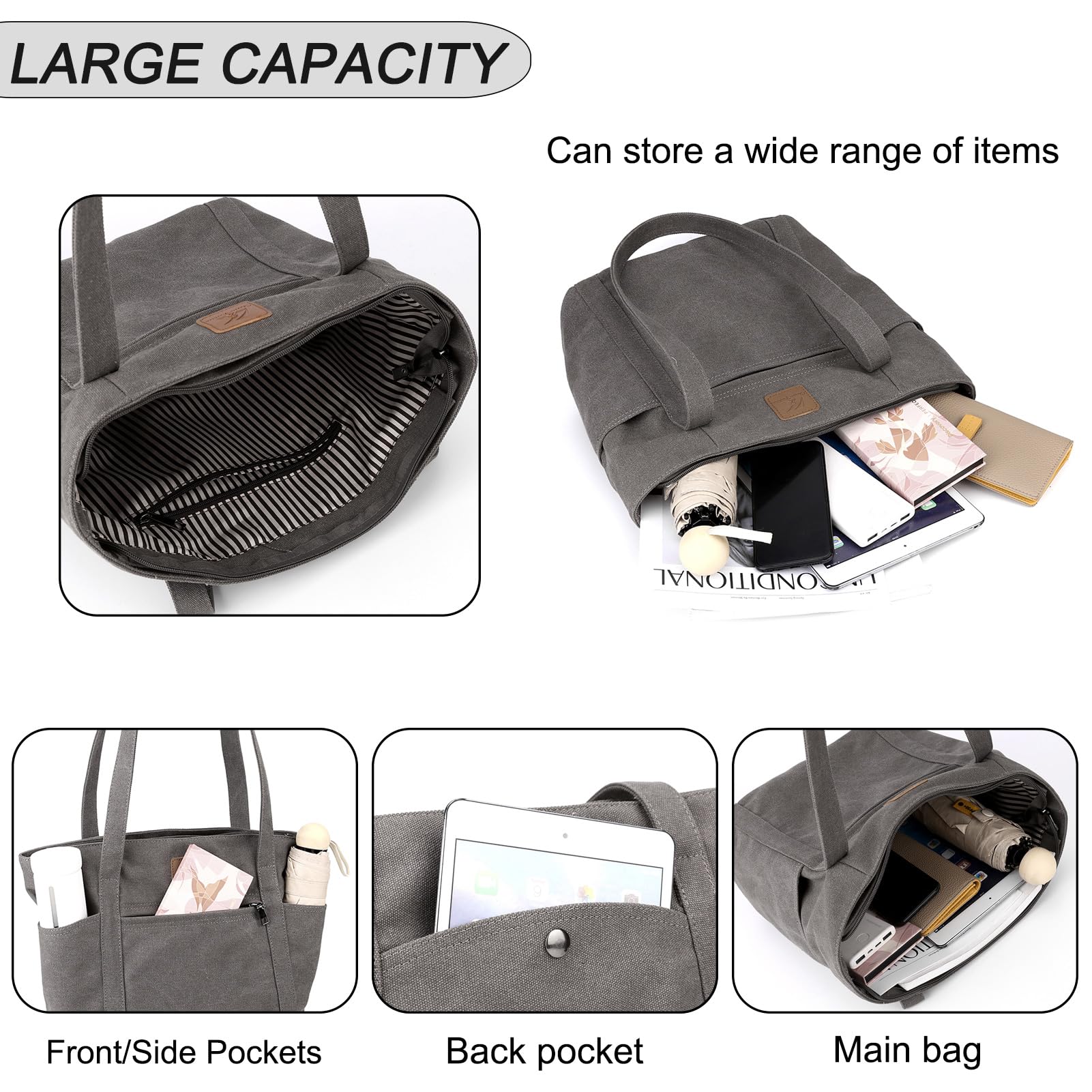 ArcEnCiel Women's Canvas Shoulder Bag with Multiple Pockets & Zipper Closure - Spacious Large Capacity Purse for Work, Travel, and Everyday Use