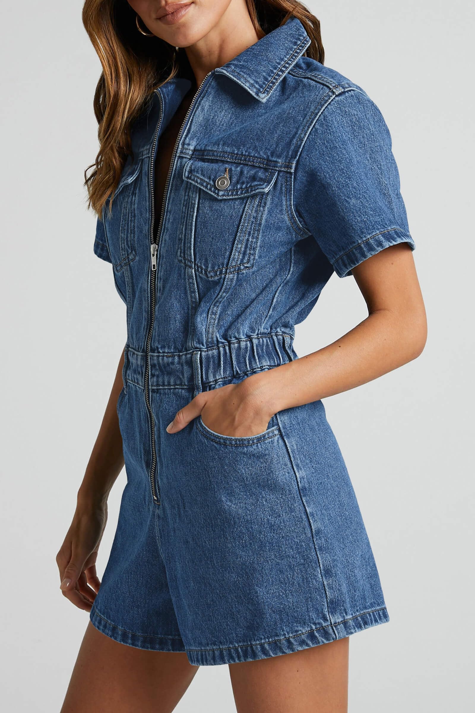 PLNOTME Women's Summer Denim Romper - Short Sleeve Zip Up Jumpsuit with Utility Pockets | Casual Outfit for Beach, Vacation & Outdoor Activities