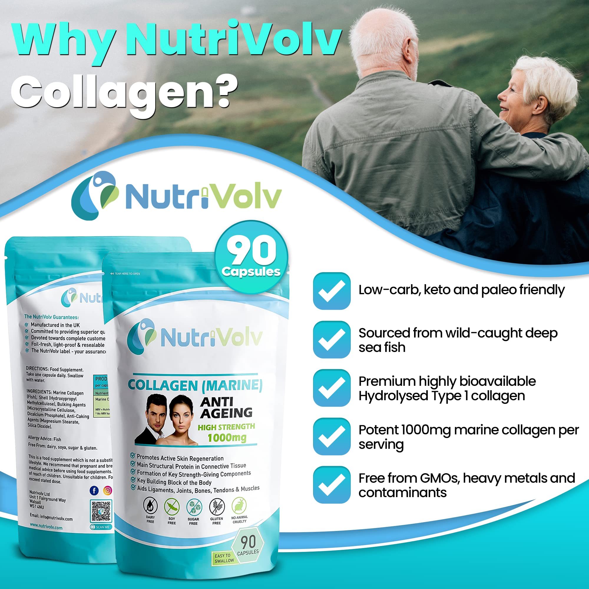 NutriVolv Marine Collagen 1000mg Supplement - Anti-Aging Support for Skin, Joints, Bones & Muscle Health | 90 Capsules | Promotes Skin Elasticity & Joint Mobility | Supports Healthy Hair & Nails | Ideal for Active Adults & Mature Skin Care Routine