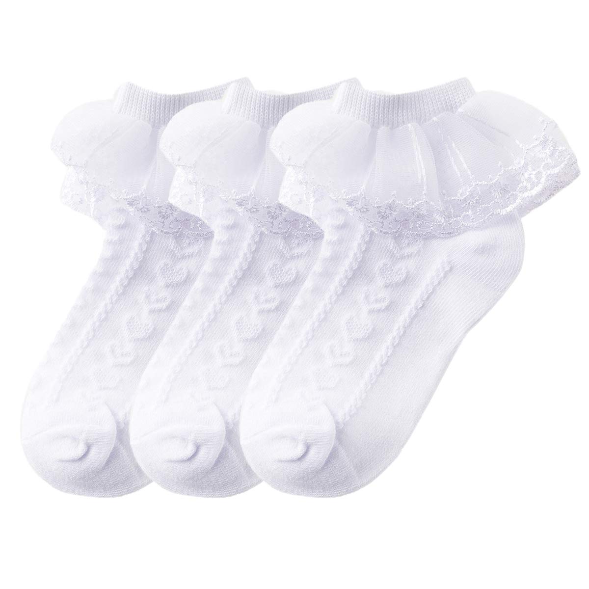 Toddler Girls Lace Ruffle Ankle Socks - Soft Cotton 3-Pack Cute Frilly Socks for Baby Girls - Perfect for Dress Up, Parties & Everyday Wear
