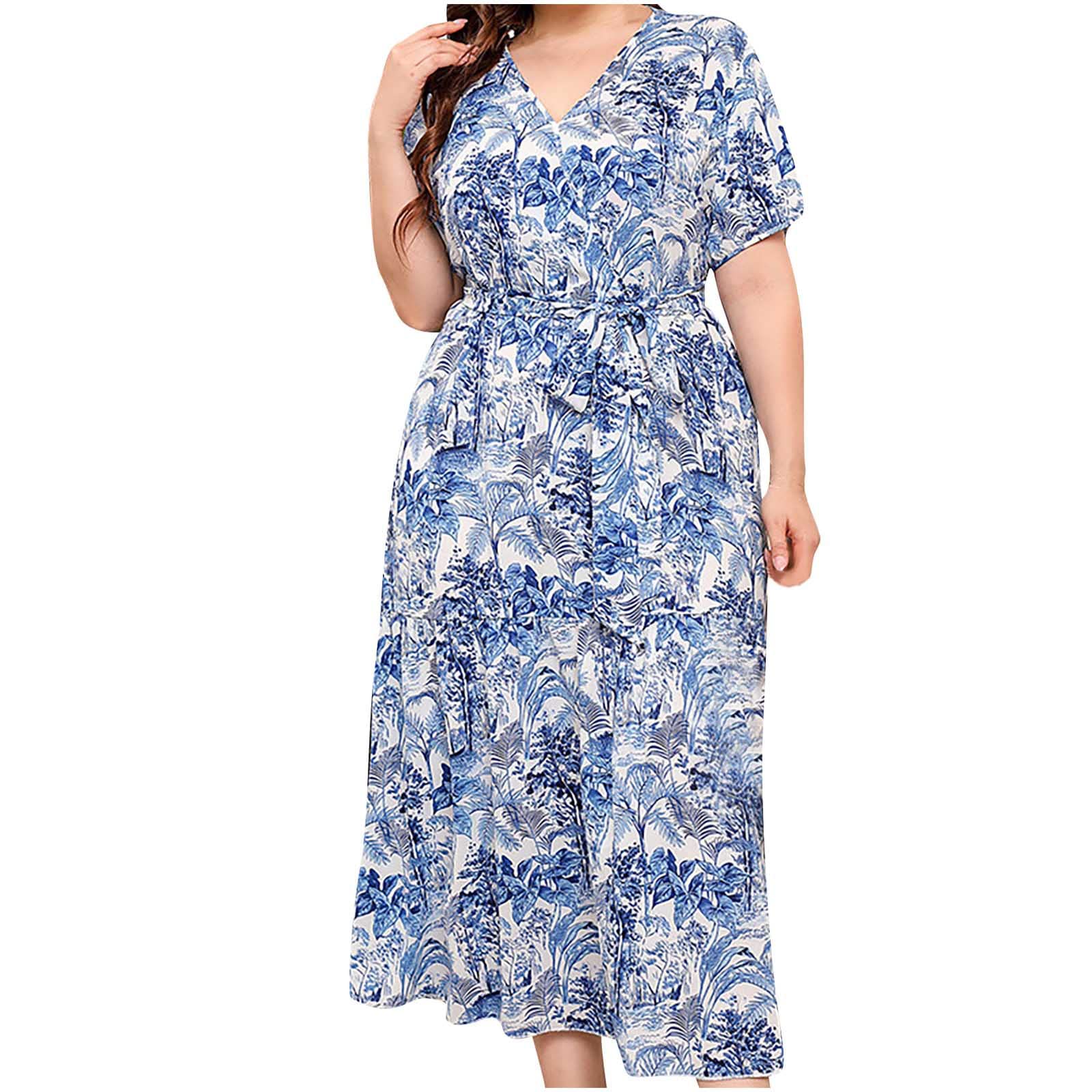 Plus Size Maxi Dress for Women - Boho Floral Print Casual Short Sleeve Waisted Long Dress with V Neck | Perfect for Beach Vacations, Summer Outings & Boho Chic Style