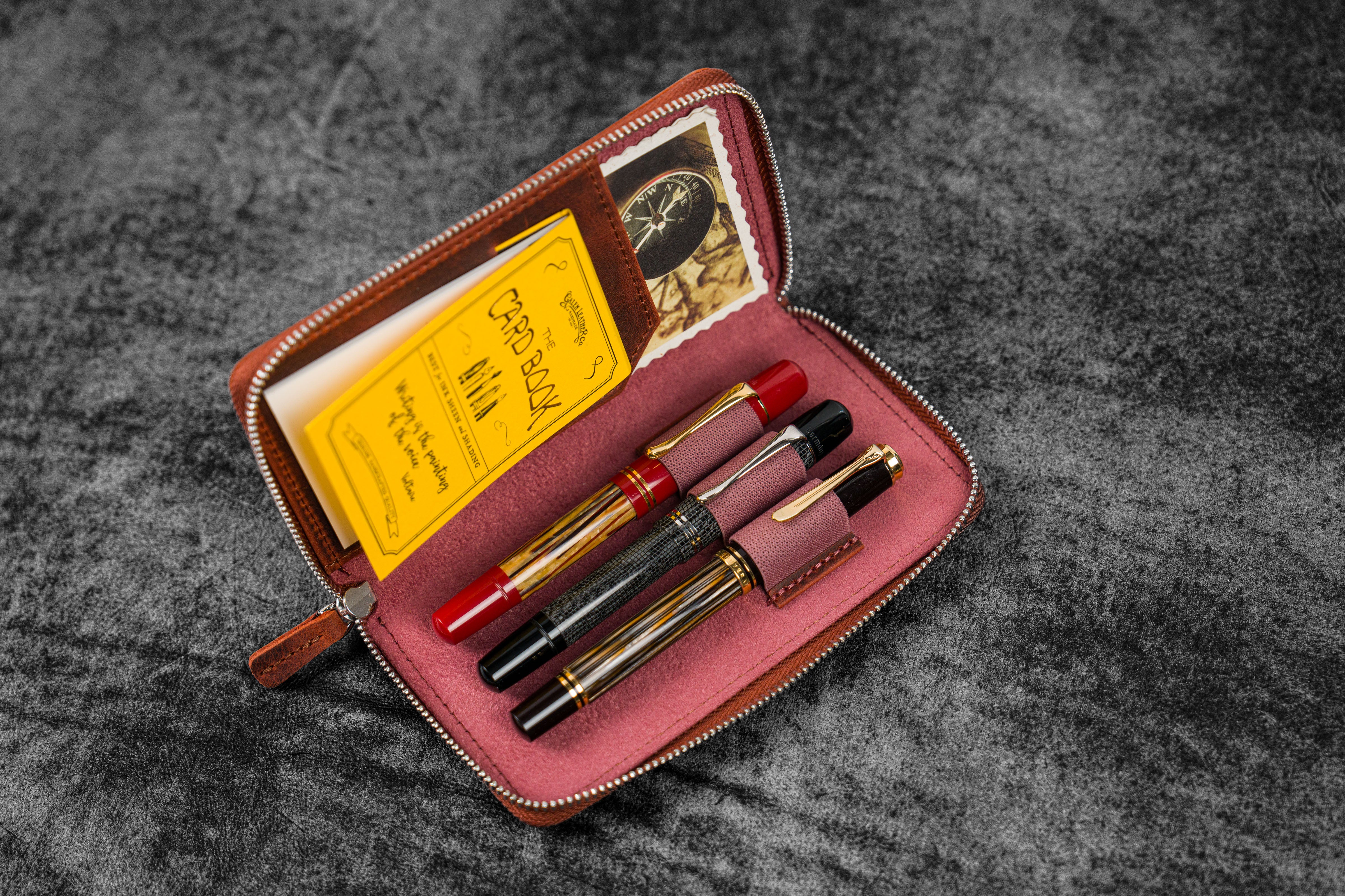 Premium Leather Zippered 3-Slot Pen Case - Crazy Horse Orange - Perfect for Office, School & Travel Organization