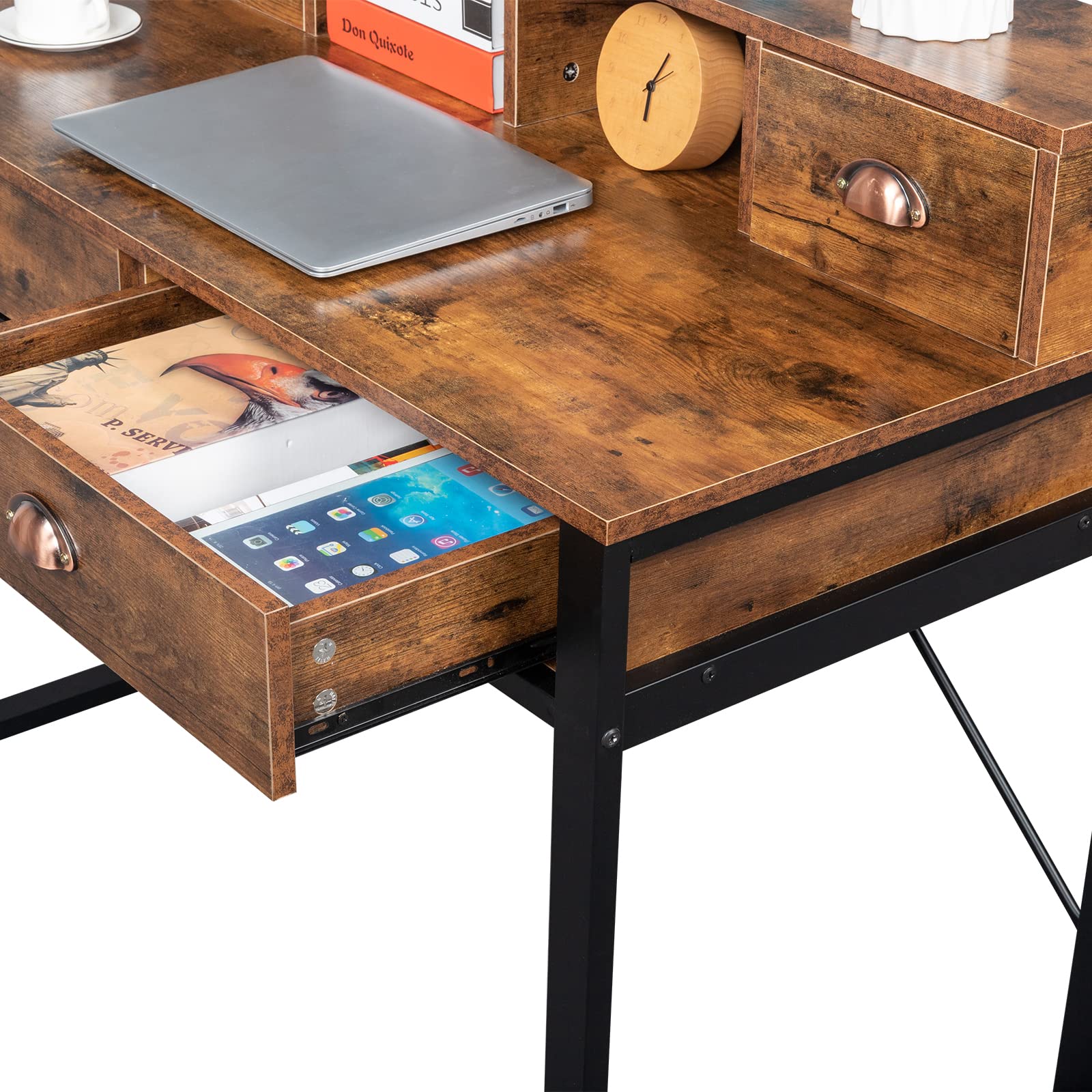 Compact Computer Desk with 4 Drawers & Hutch - Rustic Brown Home Office Desk for Small Spaces, Writing & Study - Perfect for Bedrooms, Dorm Rooms & Home Offices