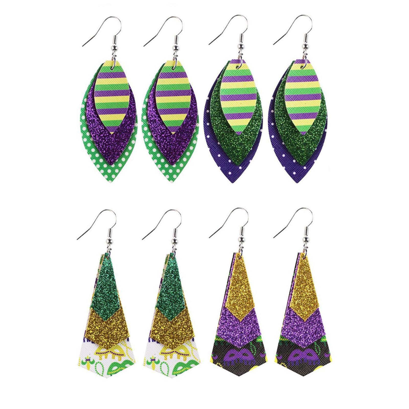 4-8 Pairs Mardi Gras Faux Leather Earrings - Lightweight Carnival Theme Dangle Drop Earrings with Fleur De Lis & Pattern Print | Perfect for Mardi Gras Parties, Costume Accessories & Festival Outfits