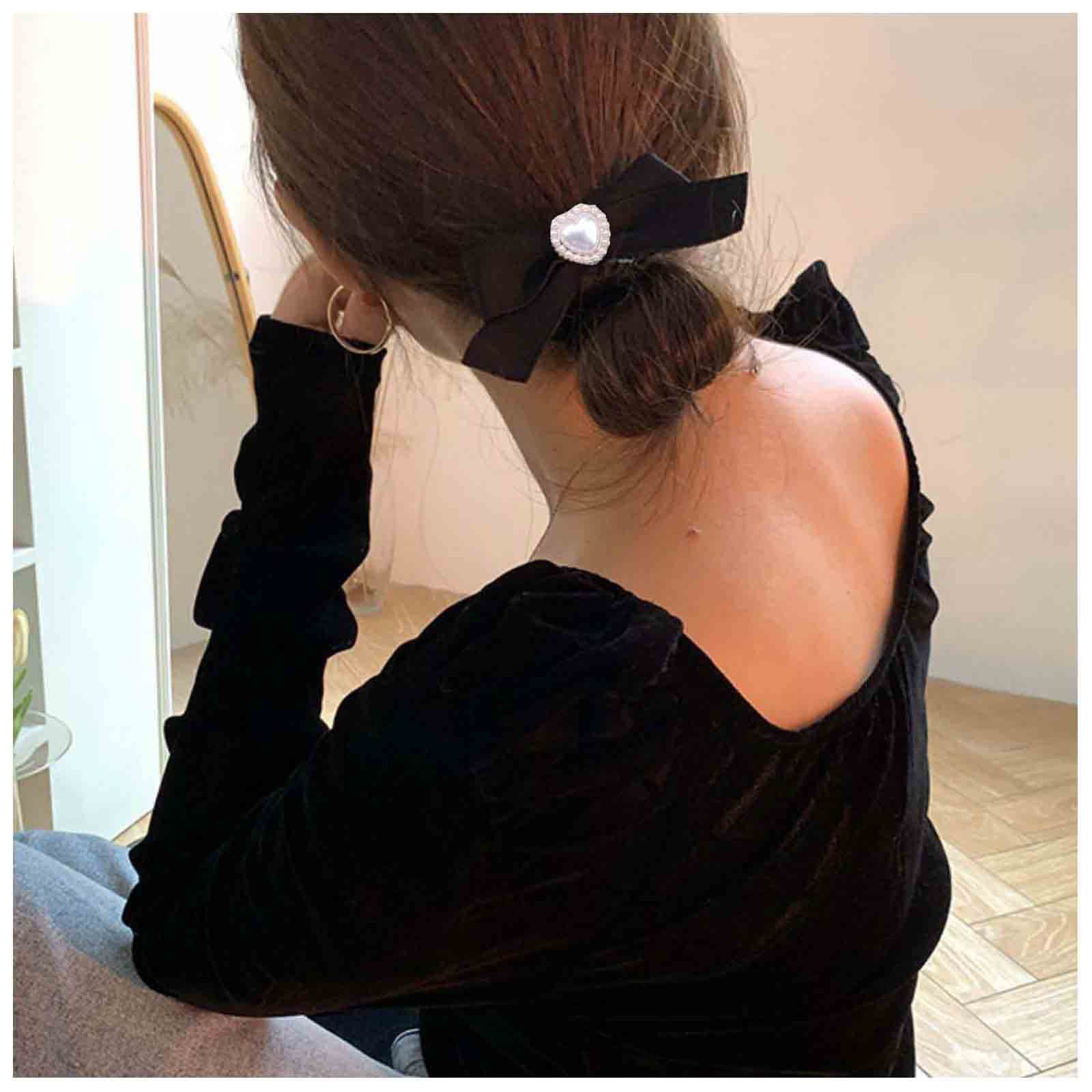 Wendalern Velvet Bow Hair Clips - Black Satin Ribbon Hair Accessories with Pearl Ponytail Holder for Women & Girls | Elegant Headpieces for Weddings, Parties, Prom & Daily Wear