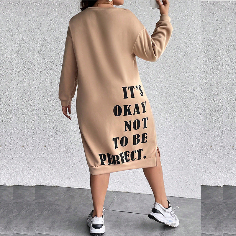 Stylish Letter Print Long Sleeve Hoodie Dress for Women - Casual Straight Fit Pullover Tunic Sweatshirt | Perfect for Streetwear, Loungewear & Fall Fashion Outfits