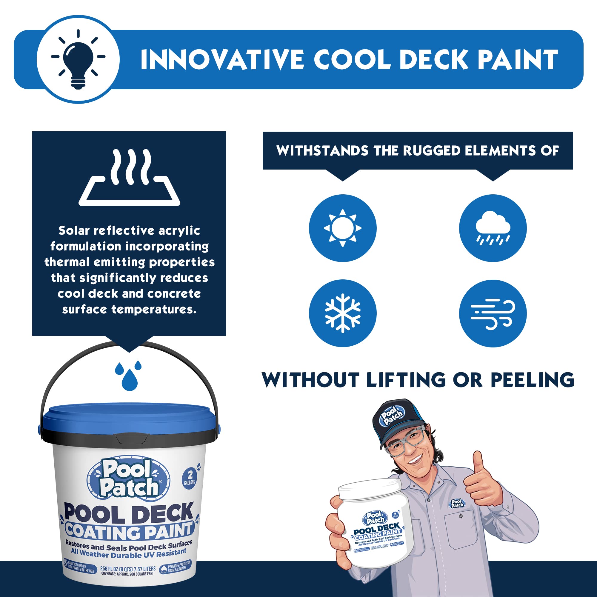 Pool Patch UV Resistant Cool Deck Coating 2 Gallon - Restores, Repairs & Seals Concrete Pool Decks - Roll or Spray Application for 200 SF Coverage - Ideal for Backyard, Patio & Swimming Pool Areas