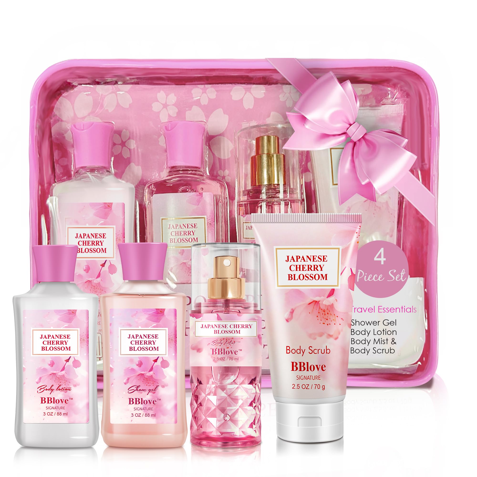 Japanese Cherry Blossom Bath & Body Gift Set for Women - 4PCS (Shower Gel, Body Lotion, Body Mist, Exfoliating Scrub) - Perfect for Spa Day, Self-Care, Birthday & Holiday Gifts