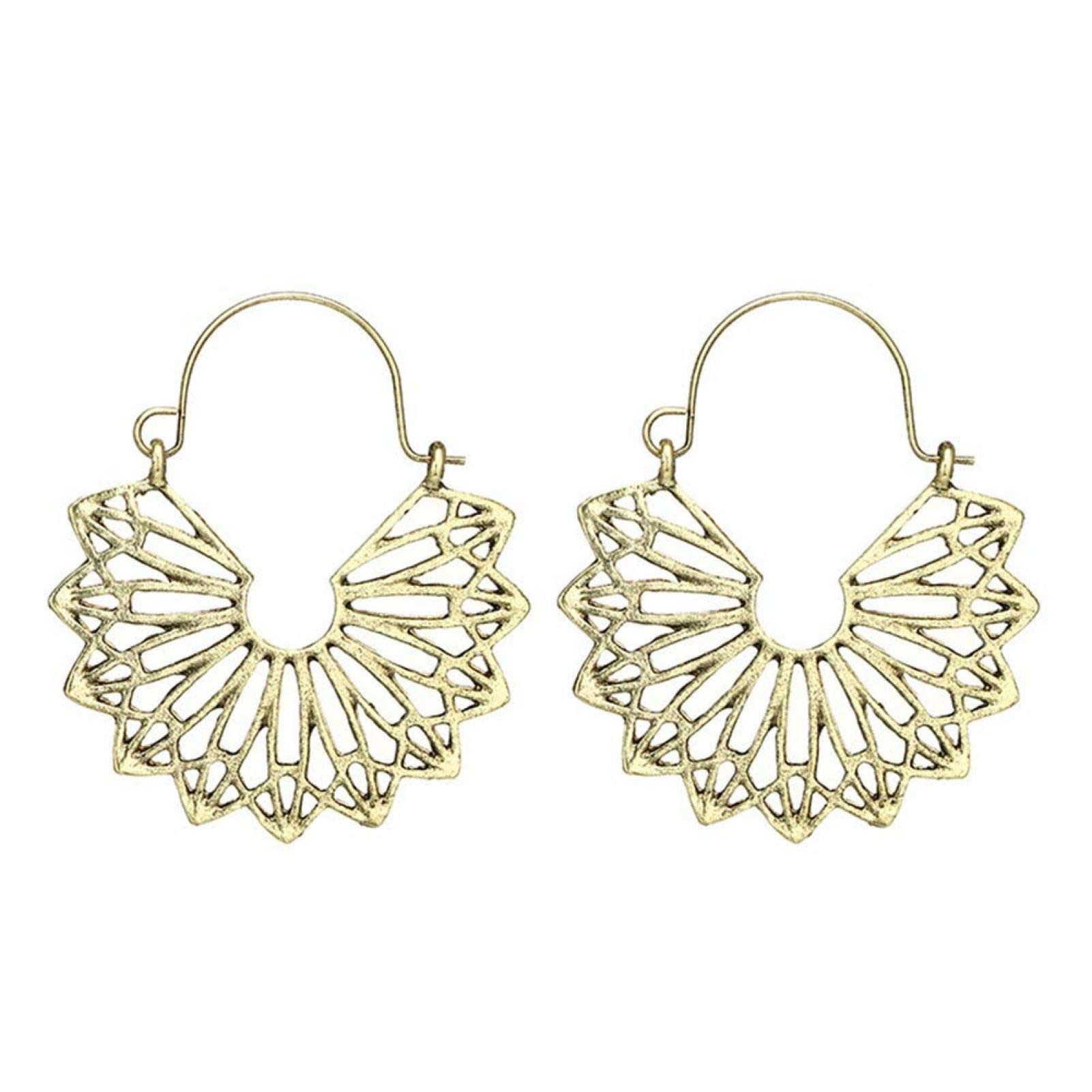 Boho Lotus Earrings for Women - Antique Silver Gypsy Indian Tribal Ethnic Hoop Dangle Earrings - Enamel Vintage Mandala Design - Large Hollow Out Carved Hoop Earrings - Perfect for Festivals, Boho Fashion & Ethnic Jewelry Collection