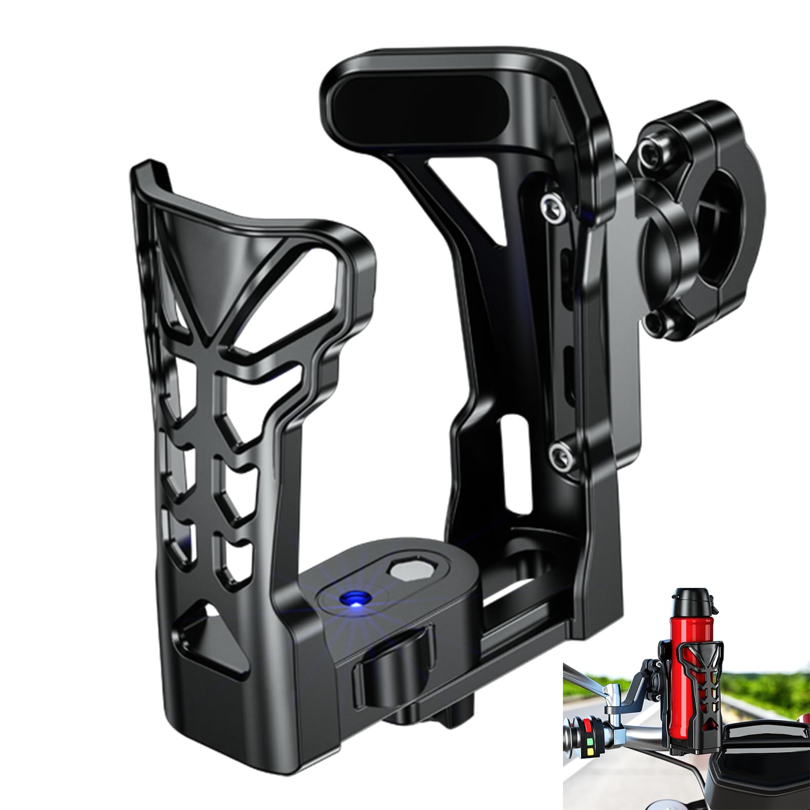 Upgraded Motorcycle Cup Holder with Atmosphere Light - 360° Rotating & Expandable Design, Holds Up to 32oz - Perfect for Bike, Motorcycle, ATV (Matte Black) - Ideal for Road Trips, Commuting & Outdoor Adventures