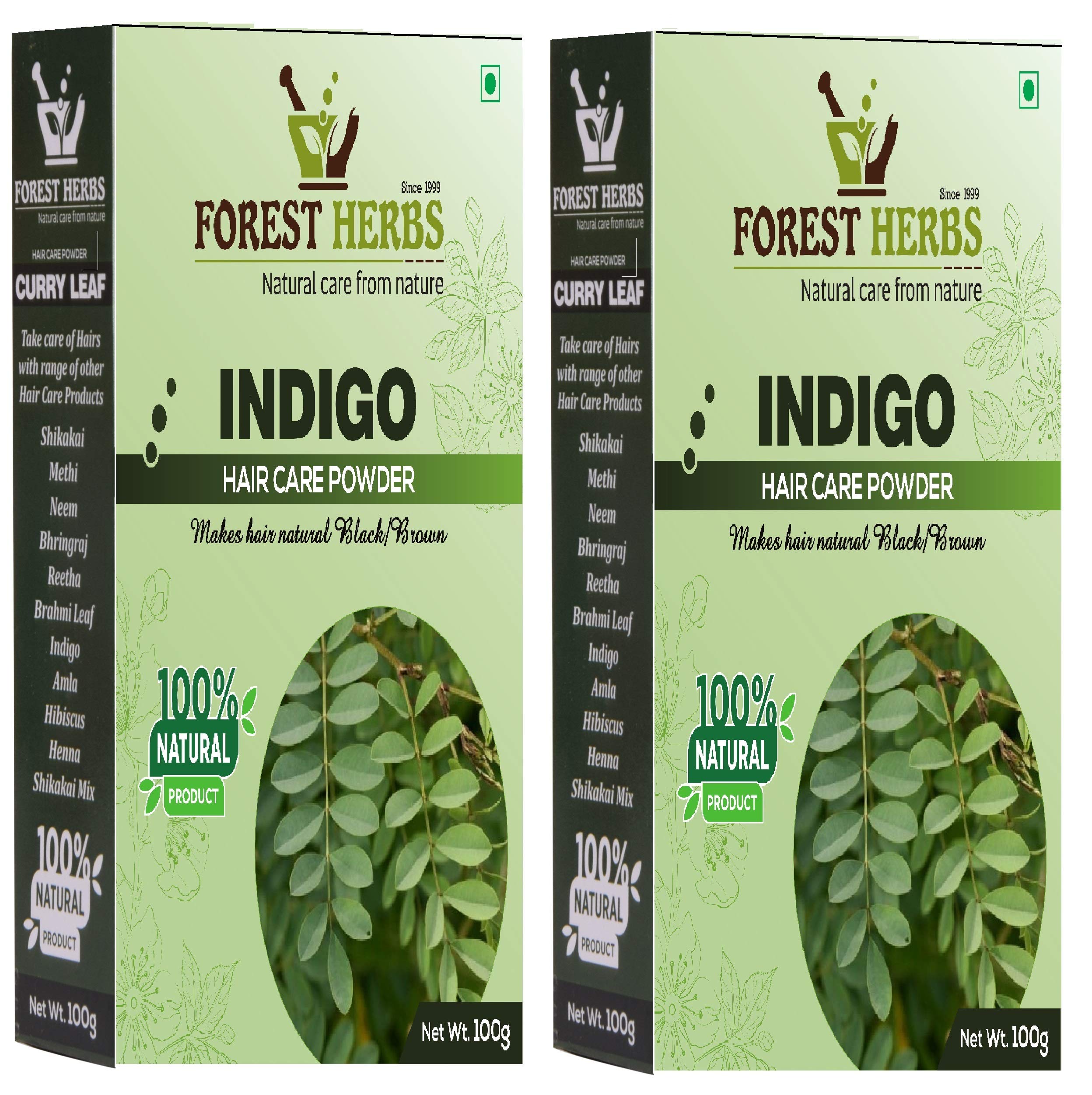 100% Natural Organic Indigo Leaf Powder for Hair Color - Forest Herbs Pure Henna Hair Dye (2 Pack, 100g Each) | Safe Chemical-Free Gray Coverage & Hair Treatment for Men & Women