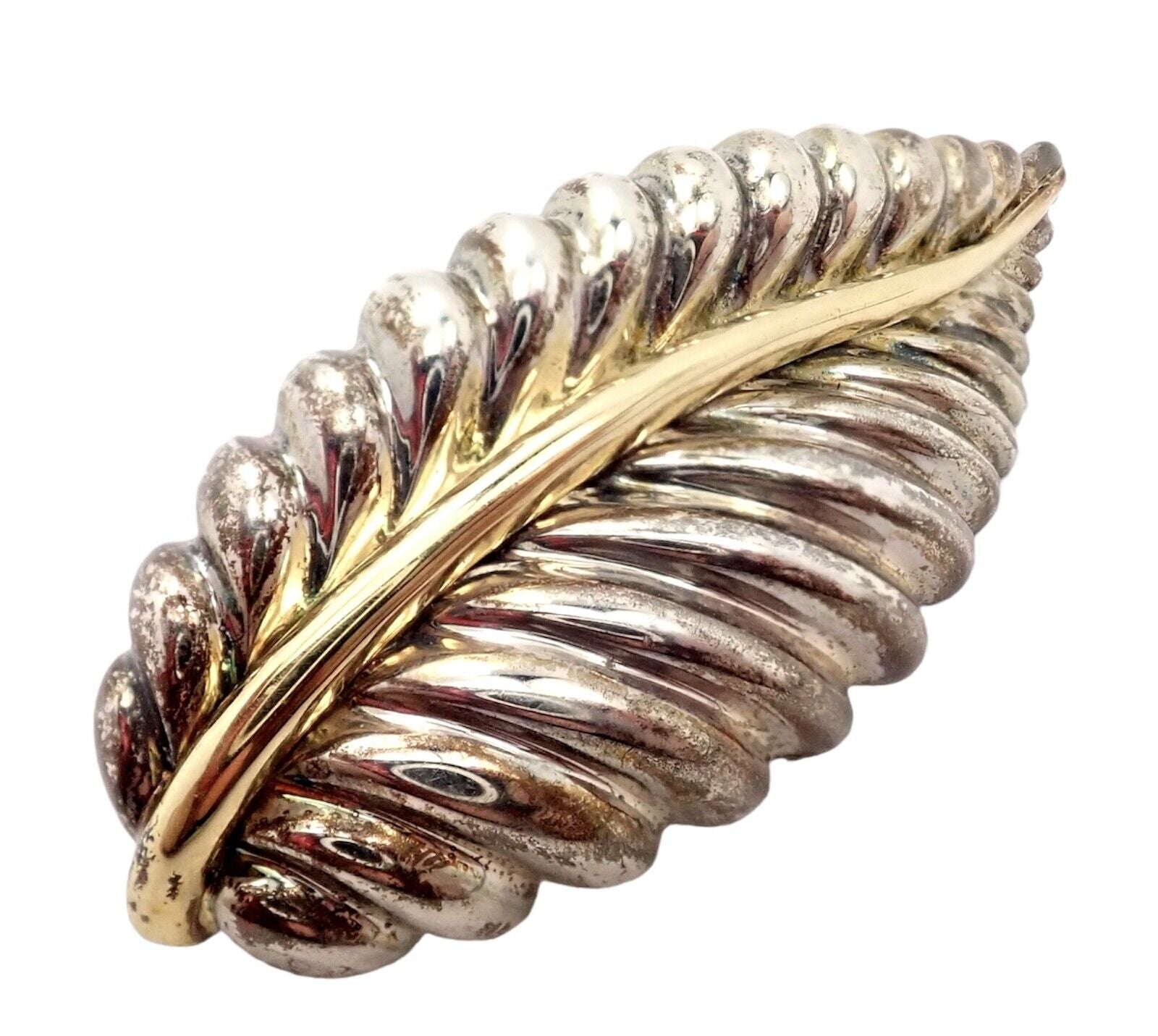 Authentic Tiffany & Co 18k Yellow Gold Silver Leaf Pin Brooch 2003 - Vintage Jewelry for Women, Perfect for Weddings, Parties & Special Occasions