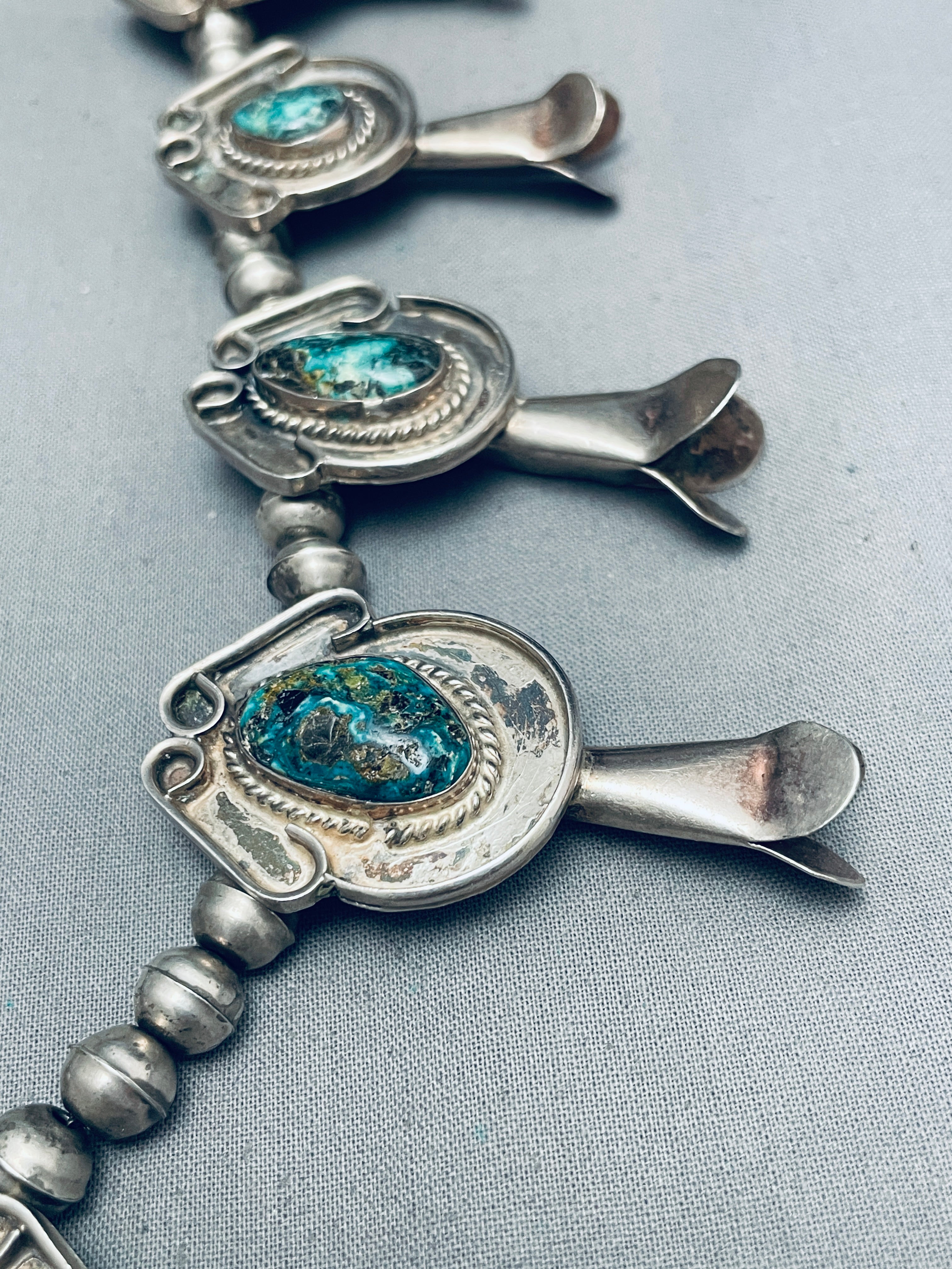 200g Vintage Navajo Turquoise Sterling Silver Squash Blossom Necklace - Authentic Native American Jewelry for Women, Perfect for Boho Fashion & Special Occasions