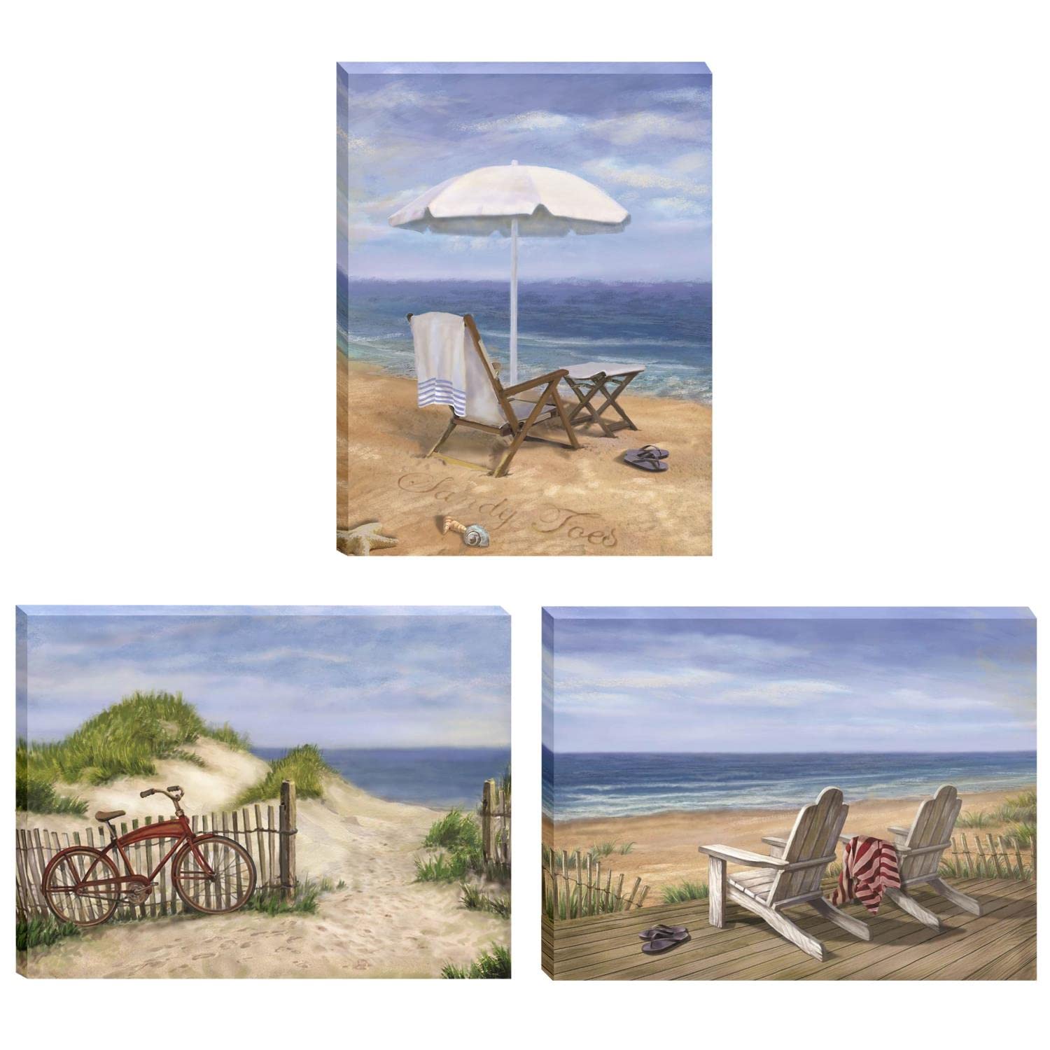 Sand Beach Designs 3-Piece Coastal Wall Art Set - Stretched Canvas Prints for Beach House Decor - Perfect for Living Room, Bedroom or Office