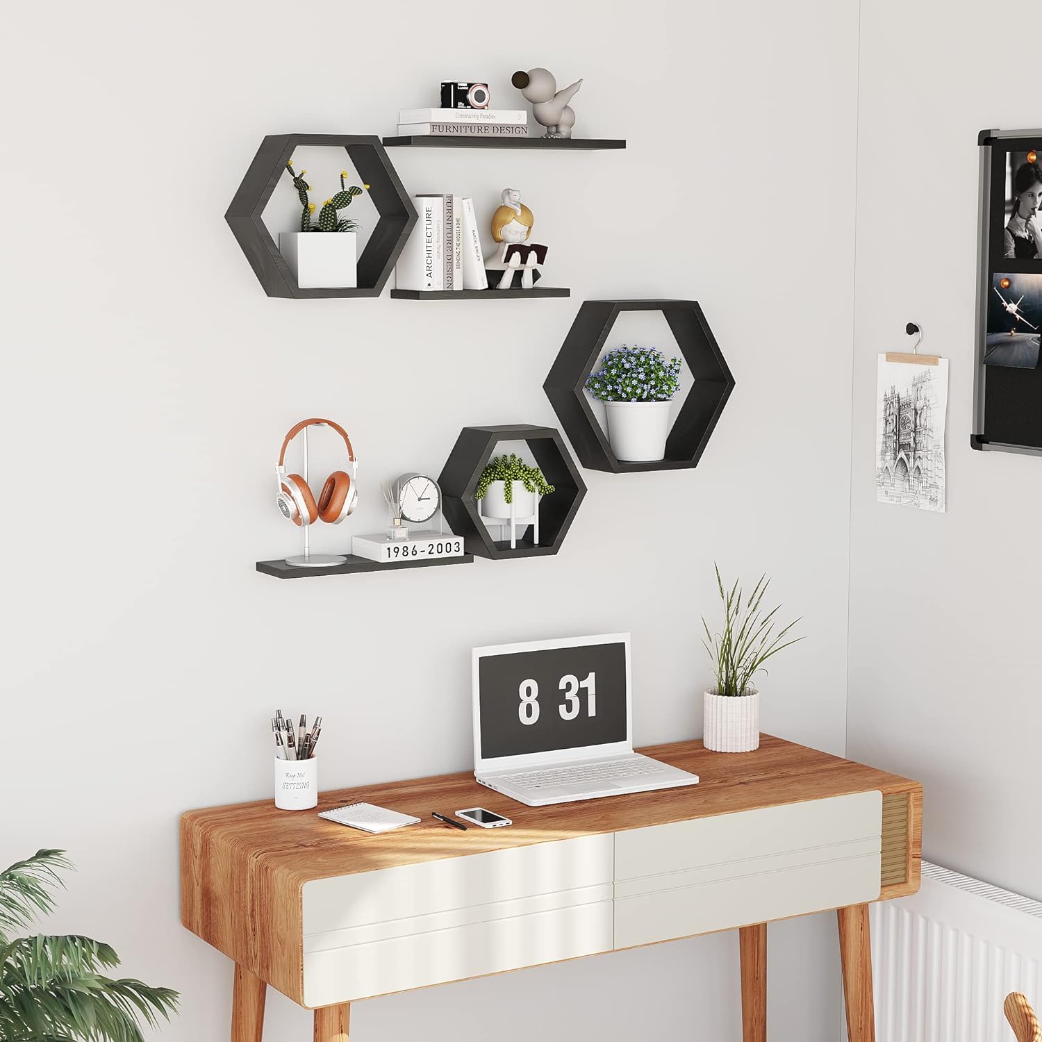 Hexagon Wall Shelves Set of 6 - Floating Wooden Wall Mounted Shelves for Photos, Plants & Decor | Rustic Honeycomb Shelves for Living Room, Bedroom, Bathroom, Kitchen & Office | Black Home Decor Shelving | Perfect for Gallery Walls, Bathroom Storage & Small Space Organization