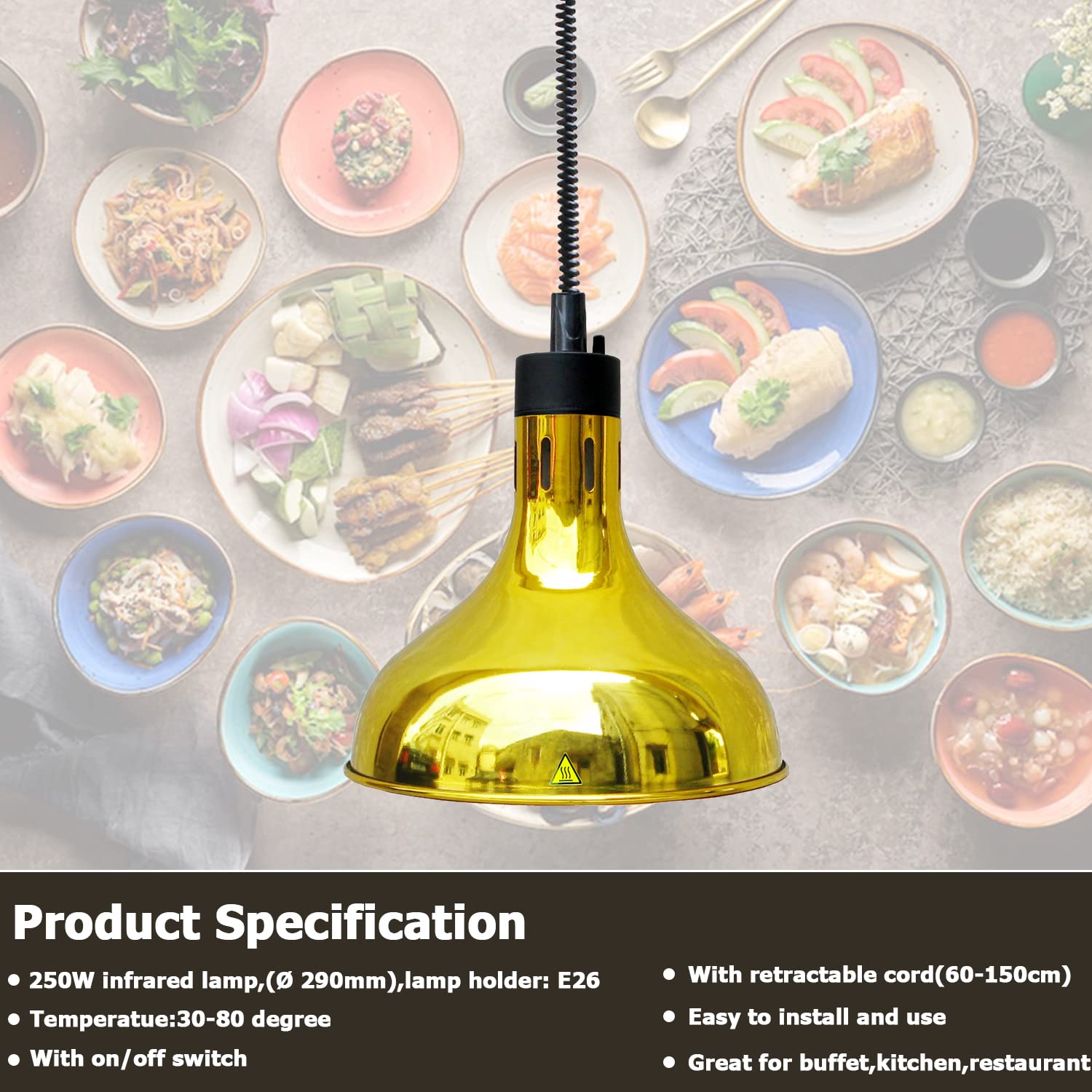 250W Infrared Food Warmer Heat Lamp with Retractable Cord - 29cm Gold Hanging Heating Light for Restaurants, Buffets & Catering - Keep Pizzas, Fried Chicken & Dishes Warm Perfectly