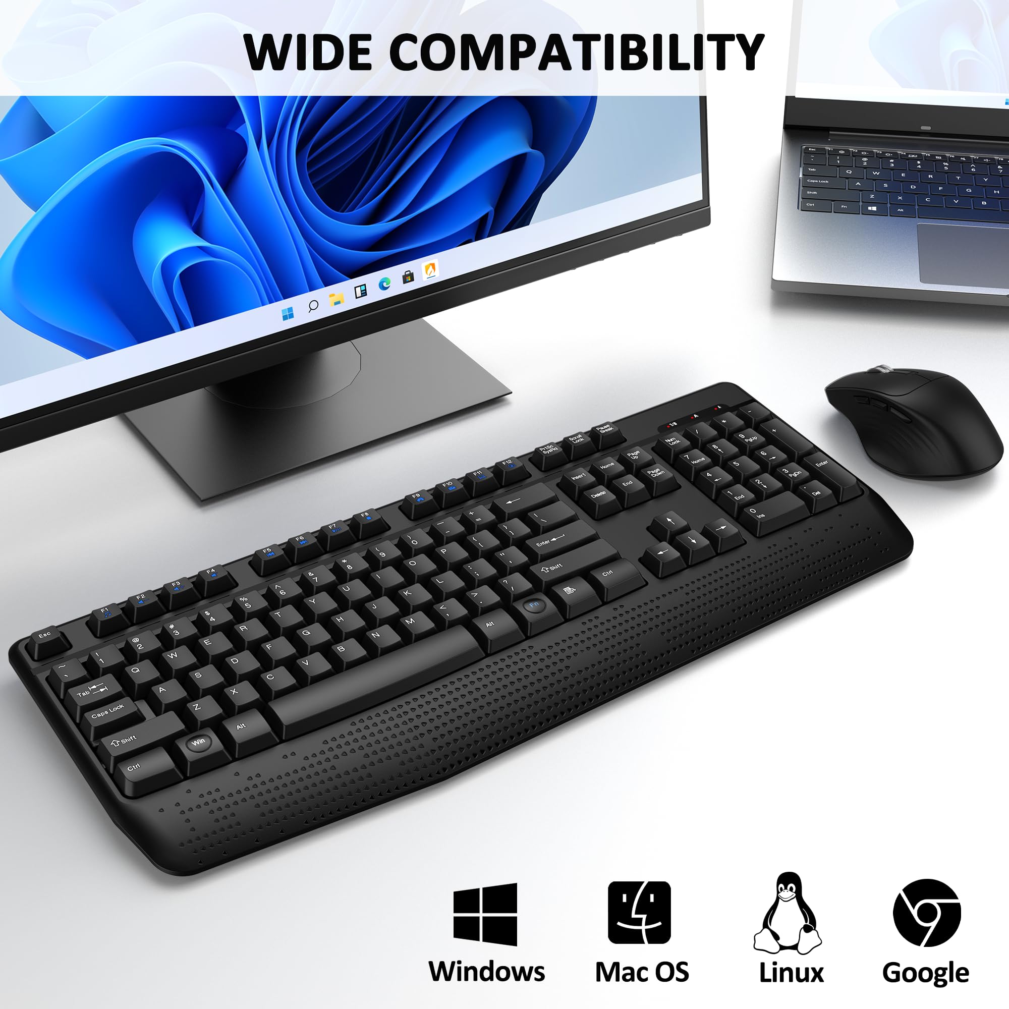 QUASIO Wireless Keyboard and Mouse Combo - Full Size Ergonomic Keyboard with Wrist Rest & 3-Level DPI Adjustable Optical Mouse for Windows/Mac, Compatible with PC, Laptop, Tablet - Perfect for Office, Gaming, and Home Use